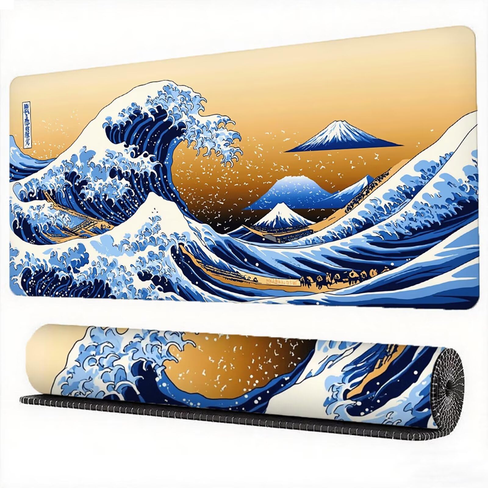 Podkładka pod mysz Japonia 1200 x 600 mm fale oceanu podkładka pod mysz duża japońska podkładka pod mysz antypoślizgowa gumowa powierzchnia szwy na krawędziach mata biurkowa do dekoracji domu biura