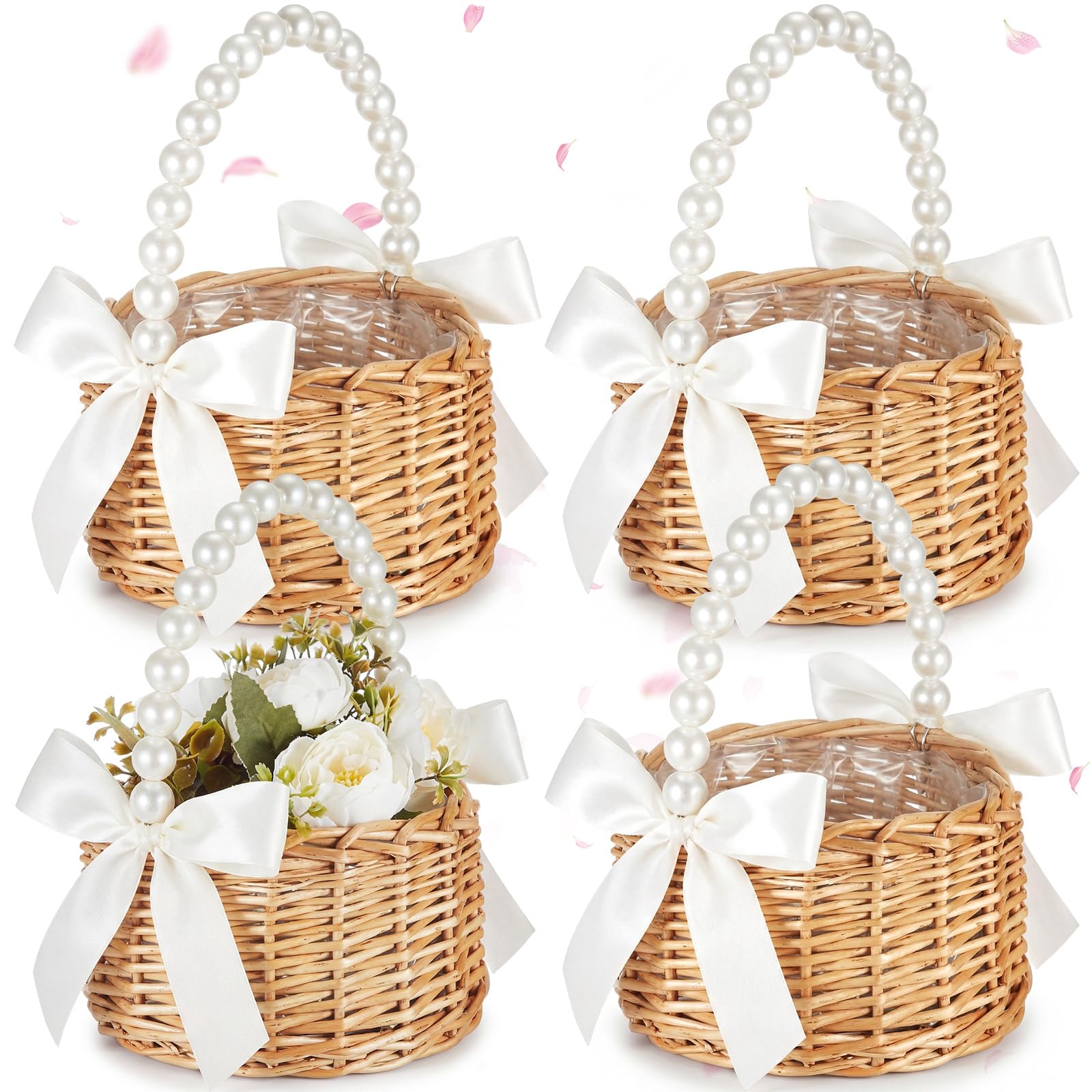 Thyle 4 cestini per damigelle con manico, 20 x 10 cm, in vimini di rattan, leggeri, marroni (fiocco bianco, perle)