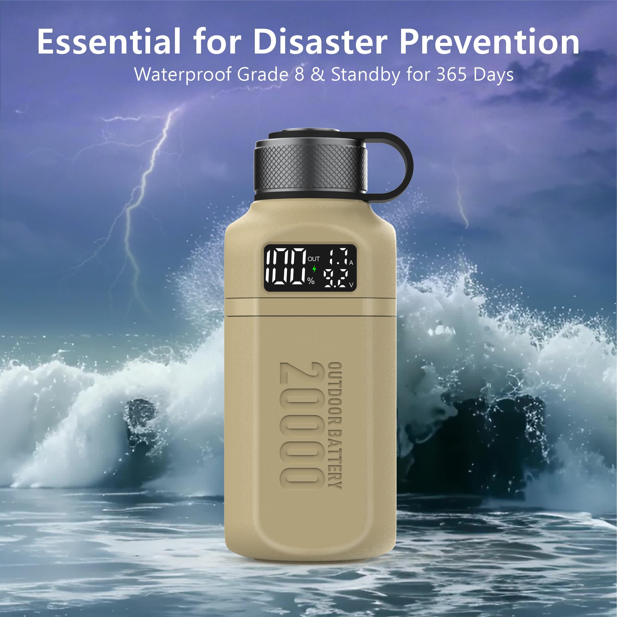20.000 mAh Robuste Powerbank mit Schnellladung USB-C PD, IP68 Wasserdicht Stoßfest, Inklusive 420lm Helle Campinglaterne, Taktisches Outdoor-Ladegerät für Wandern Camping Survival Notfall