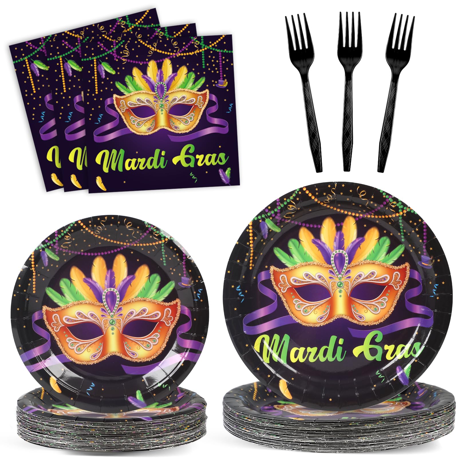 OBUSATT 96Pcs Mardi Gras Party Supplies Mardi Gras Paper Plates Napkins Forks Black Masquerade Mask Dinnerware Disposable New Orleans Party