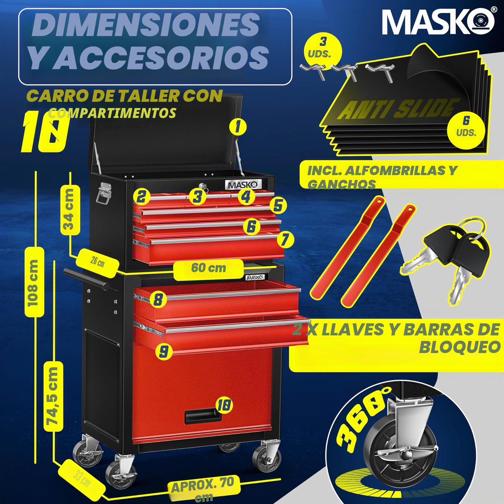 MASKO® Carro de taller con maletín incluido, 9 compartimentos con cerradura metal macizo, sin herramientas, para guardar herramientas, rojo