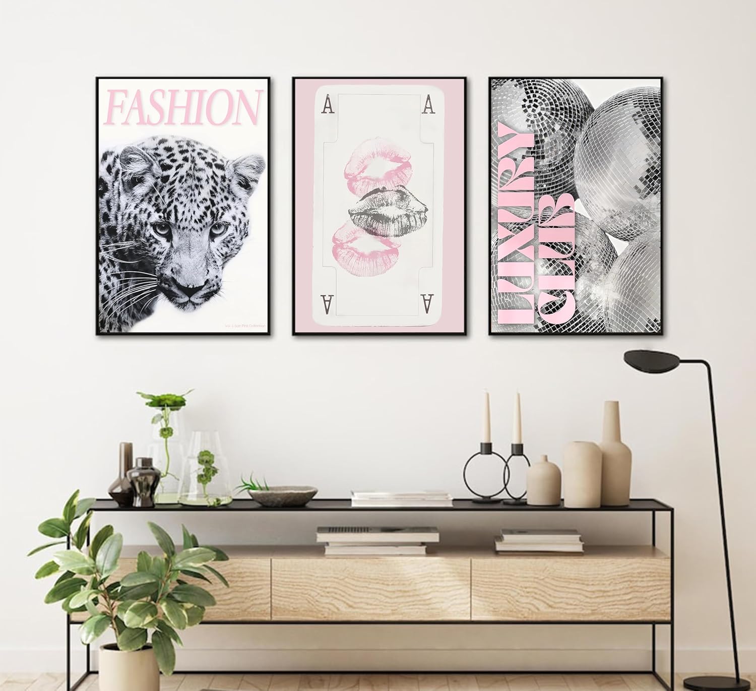 Pink Trendy Leopard Preppy Wall Art Funky Black Cheetah Picture Wall Decor Luxury Club Fashion Disco Ball Ace of Spades Painting Aesthetic Poster Print Artwork for Living Room Bedroom Dorm Apartment