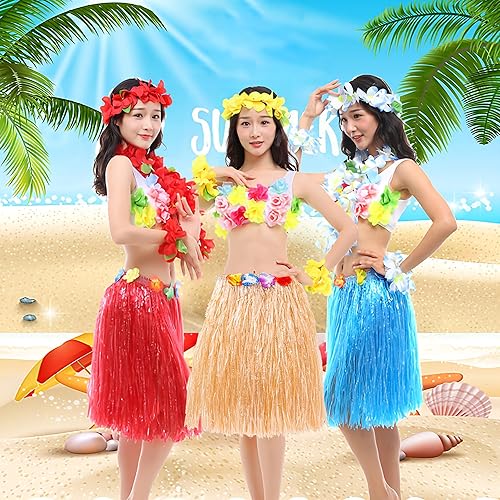 Miniatura 3 de Falda de paja hawaiana Luau Hula de 24 pulgadas con flores de hibisco, color natural para fiestas en la playa y disfraces