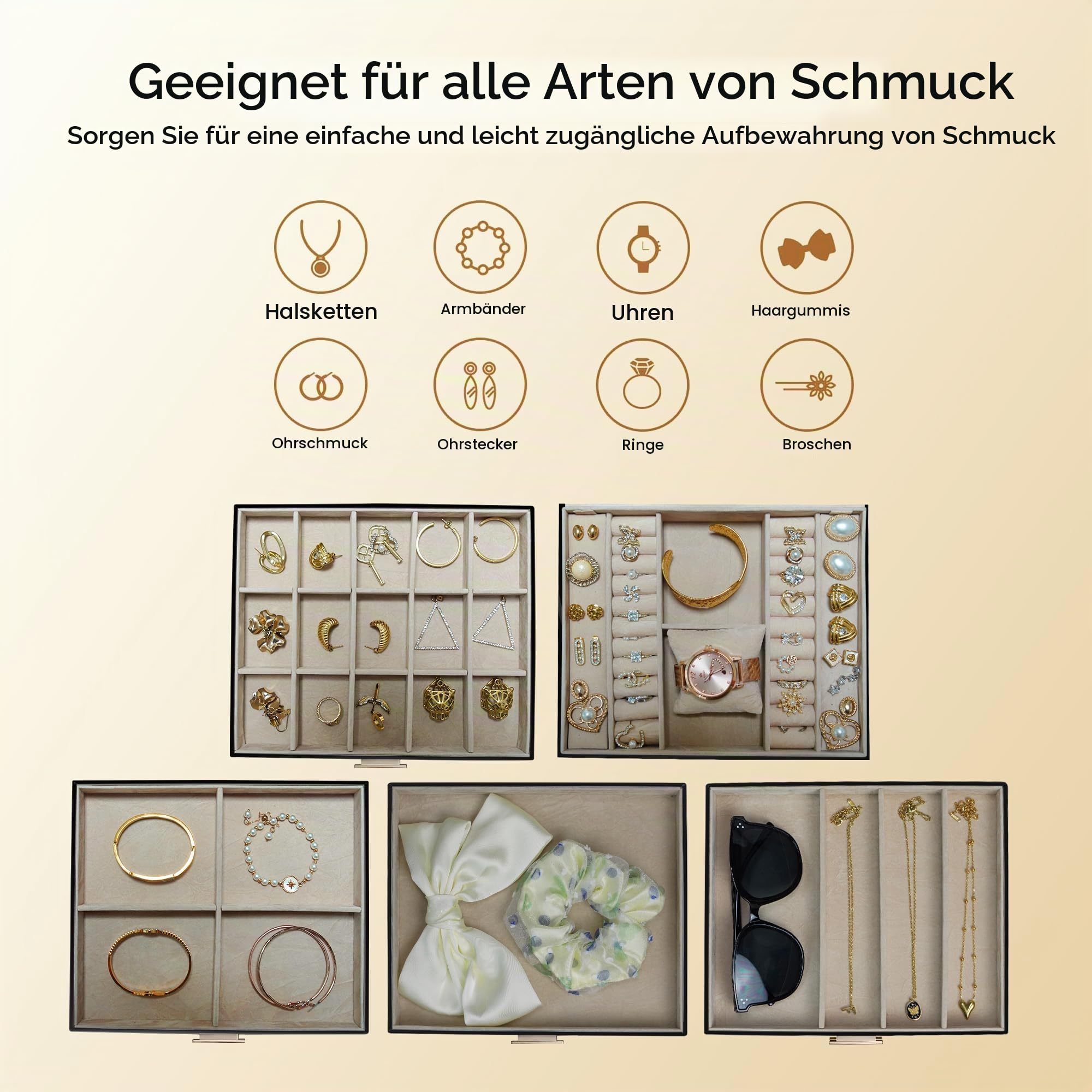 Schmuckschatulle 5 Ebenen,Schmuckkästchen mit Kleeblatt-Verschluss,großem Spiegel & flexibel einteilbaren Fächern,schmuckaufbewahrung für Halsketten, Ringe& Ohrringe,Geschenk Schwarz