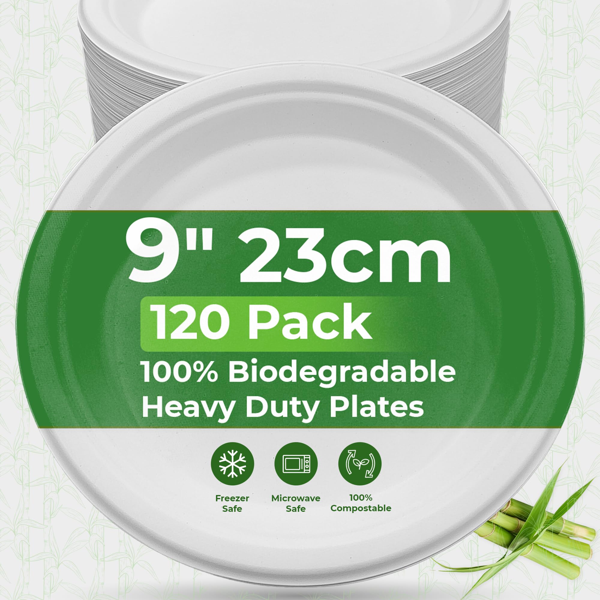 PRIME FEEL Platos de papel desechables de 9 pulgadas [120 unidades] 100% compostables de caña de azúcar resistentes y ecológicos para eventos de fiesta, barbacoas, camping y picnics
