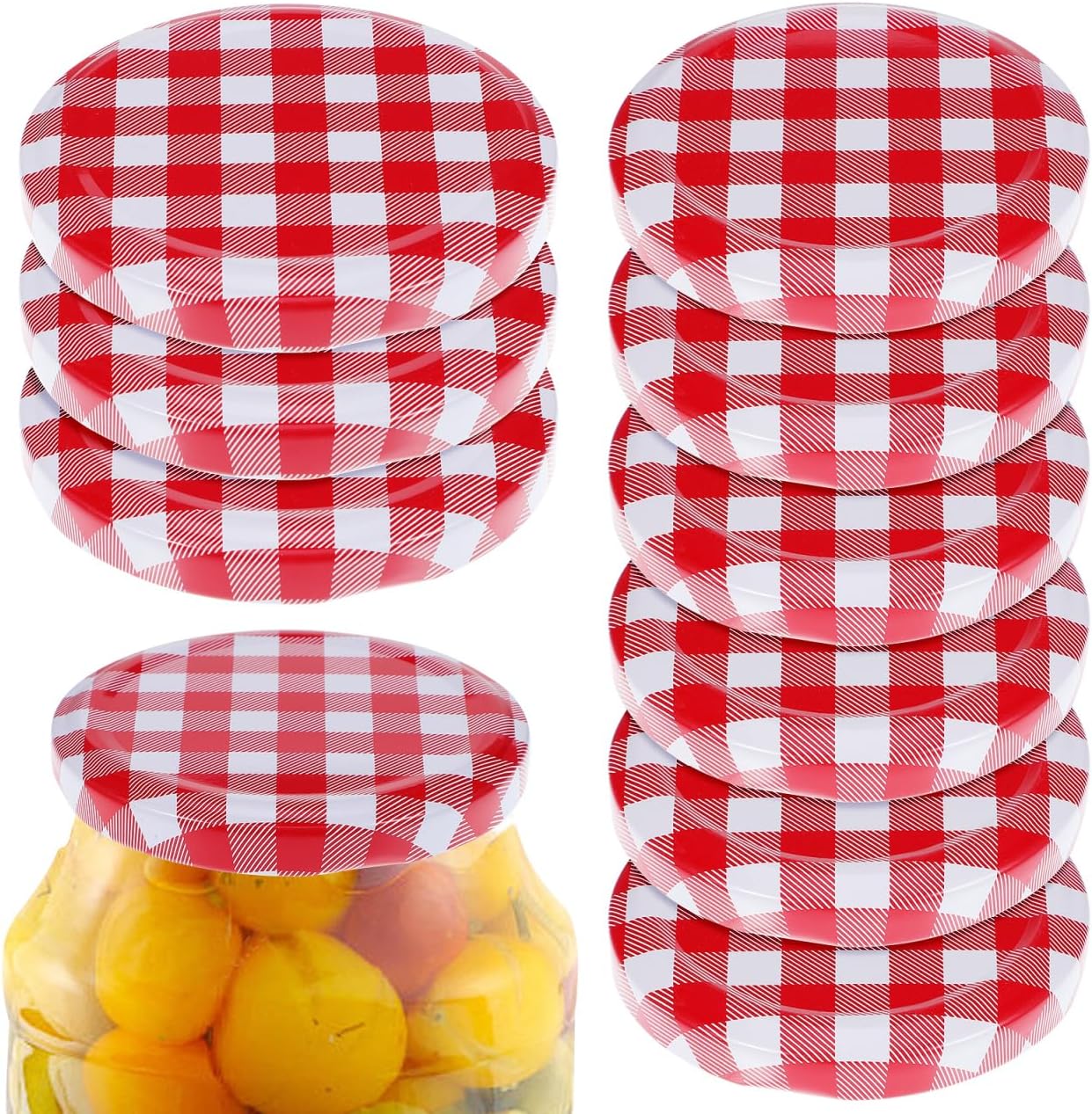 Luxshiny Jar Lids Wide Mouth Canning Lids 12Pcs Red Gingham Checkered Jar Seals with Metal Split-Type Design for Food Storage and Drinking Covers