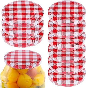 Luxshiny Jar Lids 12 Pack Wide Mouth Canning Lids 63mm and 70mm Jar Cover Set Red Gingham Checkered Seals for Food Storage Drinking Jars and Kitchen Pantry Use