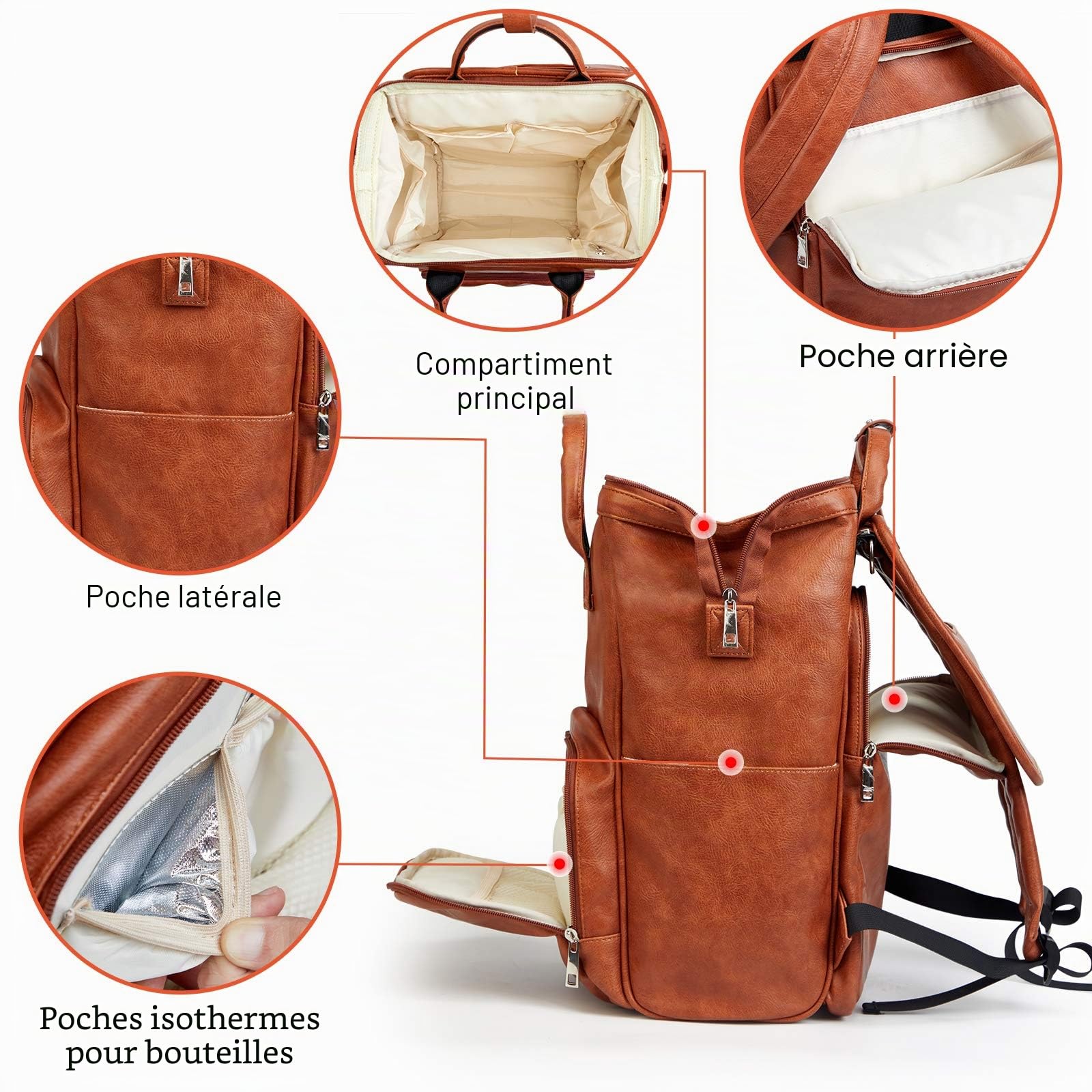 Sac à dos à langer en cuir avec matelas à langer, sac à dos de voyage imperméable et isolé, grand sac à langer pour femme, sangles de poussette