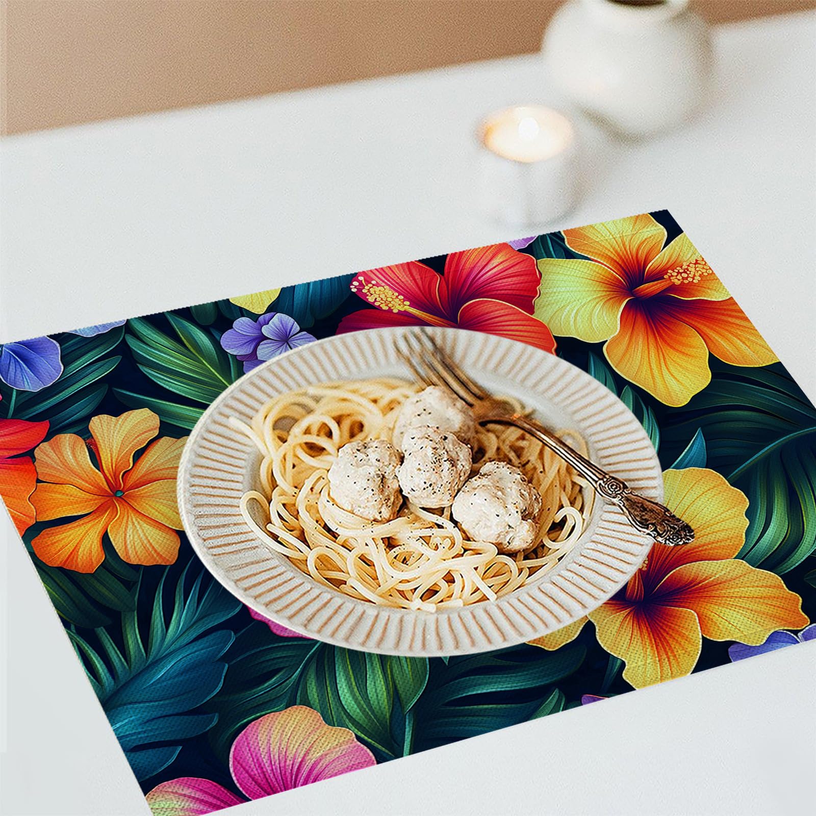 Set di 8 Tovagliette Americane Lavabili Cotone Lino Ibisco - Tovaglietta Americana Resistenti al Calore Durevole Fiori tropicali - per Colazione Pranzo 30×45 cm