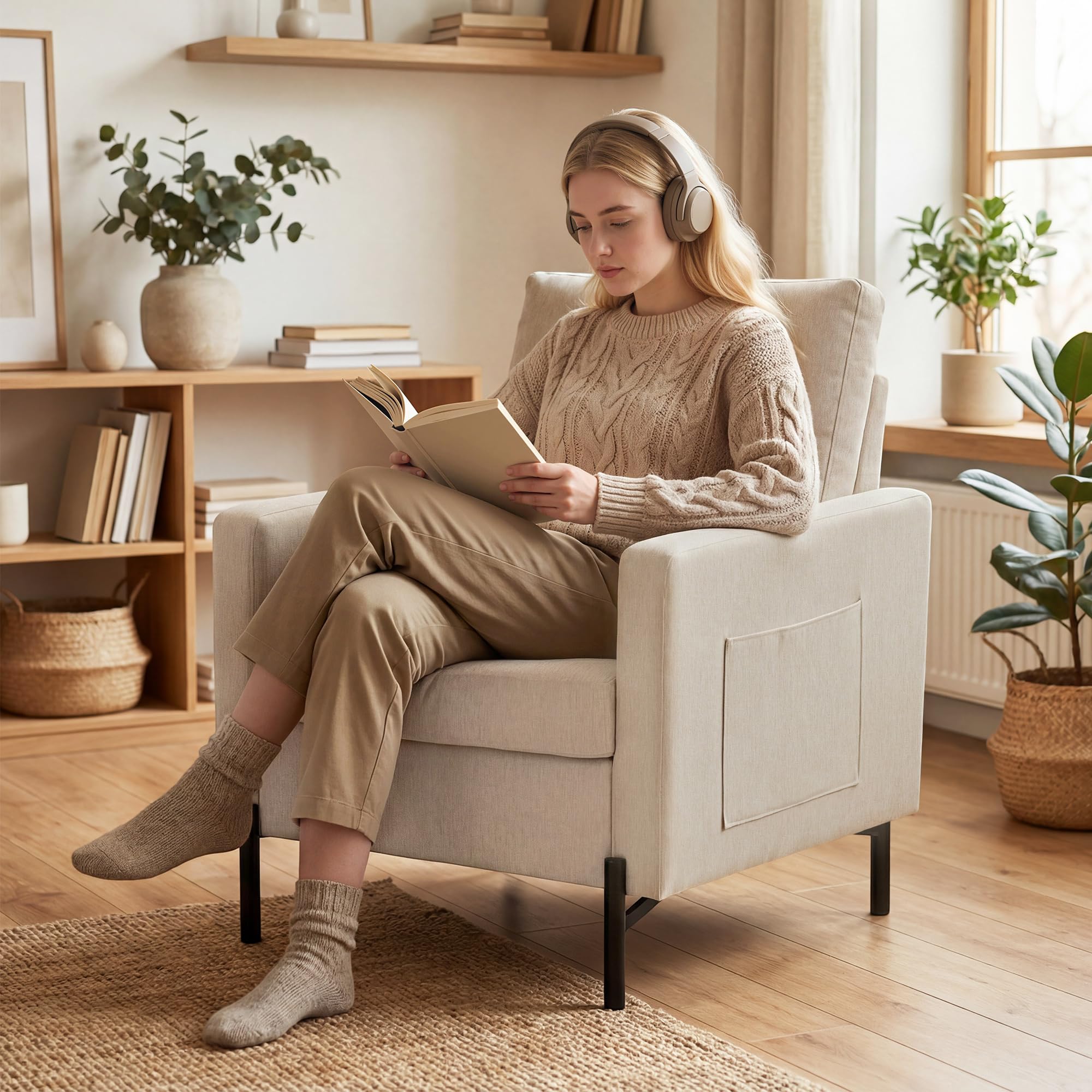 HOMCOM Fauteuil de Salon, canapé 1 Place rembourré avec accoudoirs, Assise Large et Pieds en Acier, Tissu Effet Lin, Style Moderne, pour Chambre à Coucher, Salon, Bureau, Beige