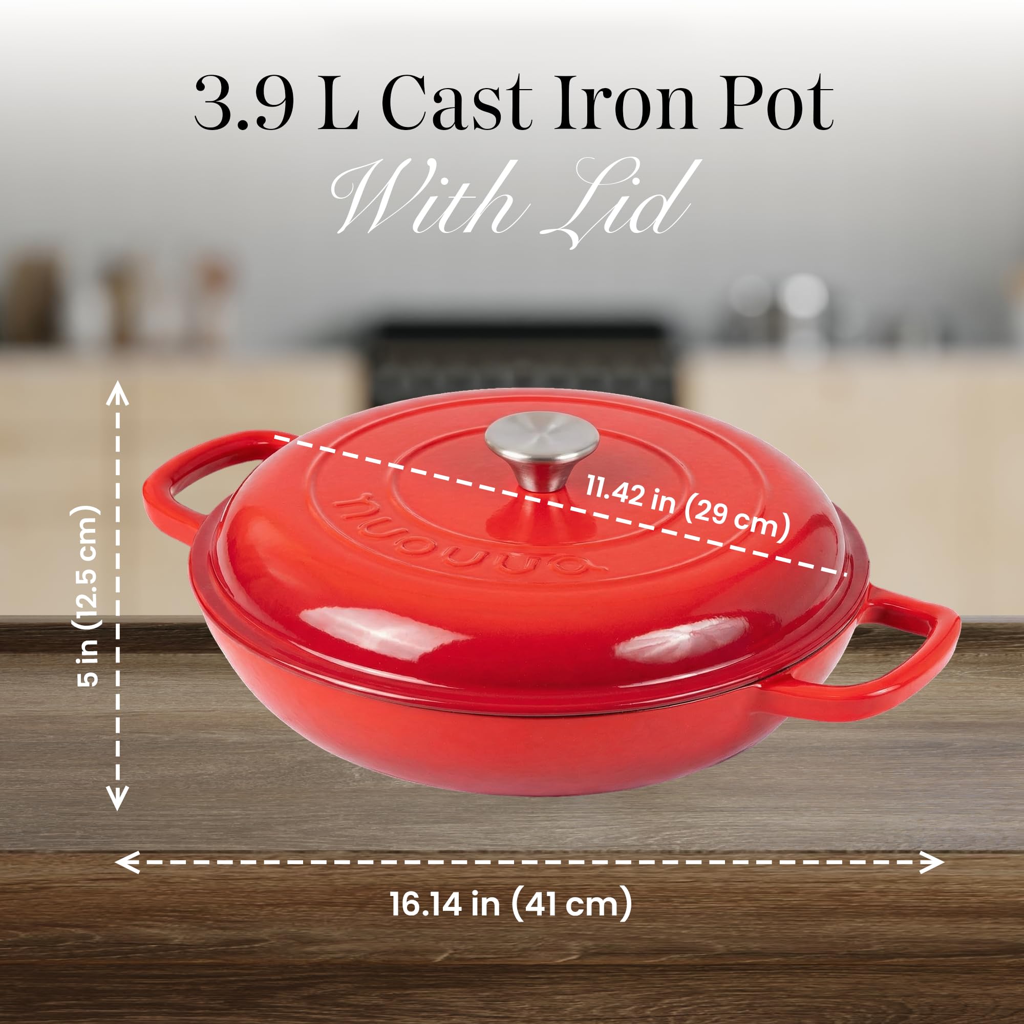 Casseruola bassa in ghisa con coperchio – casseruola antiaderente – pentola resistente, adatta al forno – pentola smaltata – rossa, 3 l, 30 cm – di Nuovva - 3