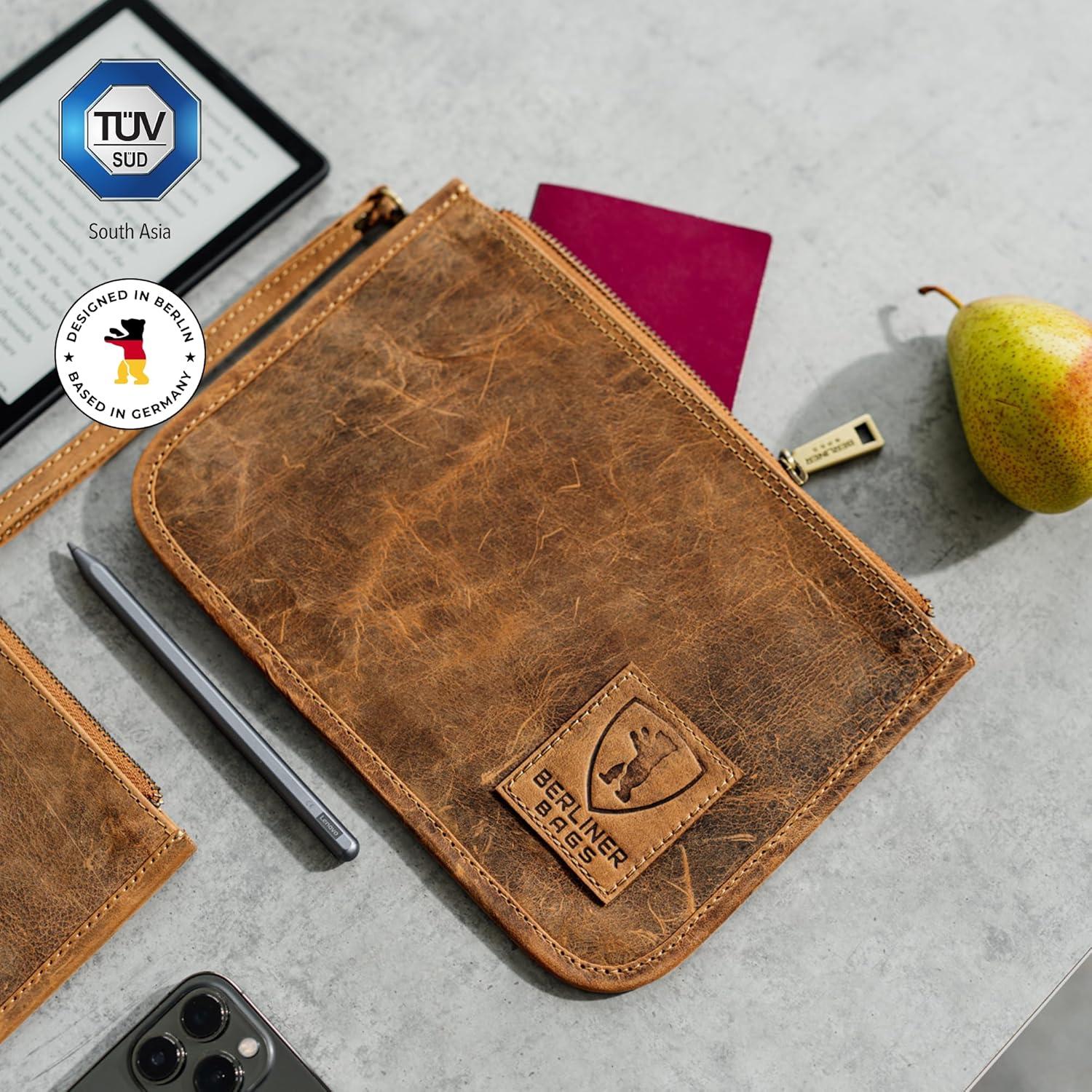 BERLINER BAGS Vintage Genuine Leather Document Organizer Theo M, Passport Holder and Travel Wallet - Brown - Image 3