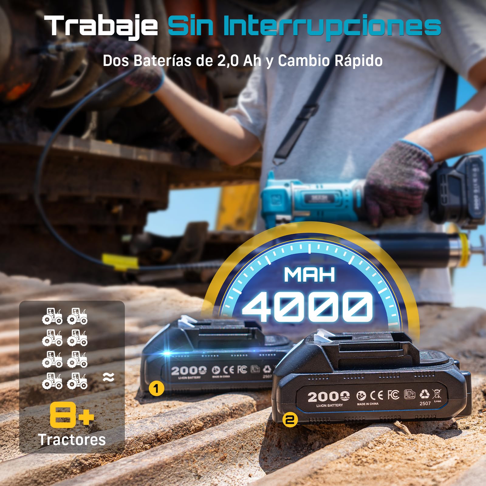 Seesii Engrasadora Bateria: Eficiencia Pistola de Grasa eléctrica 6,4 oz/min 10000 PSI, 2 * 2,0 Ah baterías, con Manguera Larga de 39.4'',diseñada para Agricultores, Camioneros y Equipos Pesados