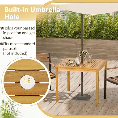 Miniatura 6 de Tangkula Mesa de comedor cuadrada para exteriores, mesa de comedor de madera de acacia para 4 personas con agujero para sombrilla de 1.9 pulgadas,