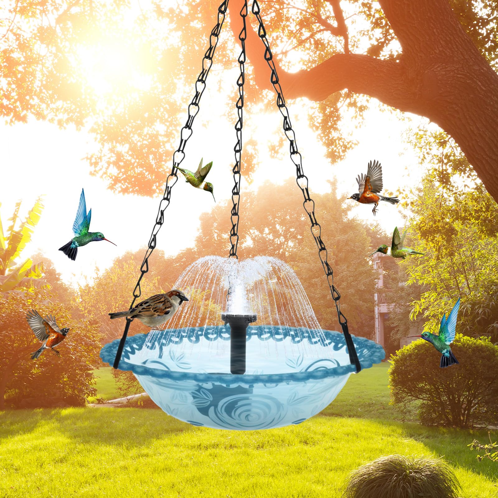 Abbeveratoio per uccelli da appendere, a energia solare con fontana per esterni, gancio in metallo, distributore di mangime per colibri, stazione per mangimi per animali selvatici, decorazione da