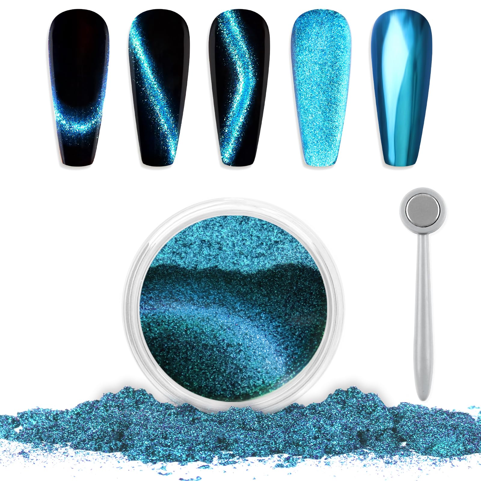 Laza Cat Eye Chrome Nail Powder - Chameleon Magnetic 9D Mirror Effect Pigment Dust - Magic Galaxy Holographic Glitter with Magnetic Stick for Velvet