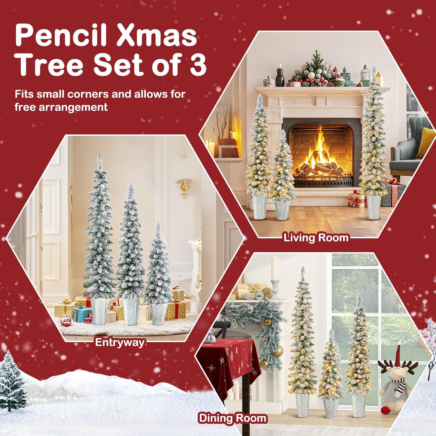 GOFLAME Set of 3 Pre-Lit Potted Christmas Trees, Snow Flocked Pencil Christmas Tree Set 3Ft, 4Ft and 5Ft with Warm White LED Lights, Timer, Holiday Decoration Tree for Home Party