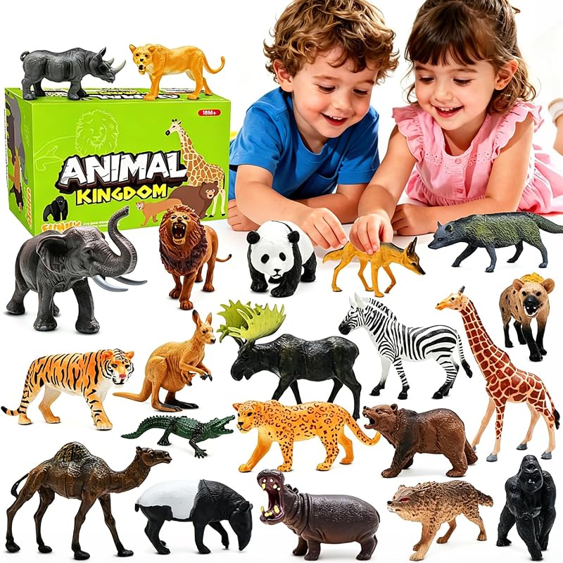 Figuras de animales de safari, figuras realistas de animales del zoológico salvaje, juego de plástico de animales de la selva africana para niños pequeños, 21 piezas de juguetes de safari, regalos de cumpleaños para niños y niñas