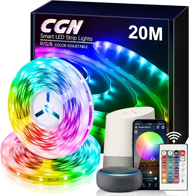 20M WiFi LED Strip Lights, CGN RGB Color Changing Led Room Light with Remote, Works with Alexa & Google Assistant, Music Sync Mode, Decoration for Bedroom, Party, Christmas(2 x10M)