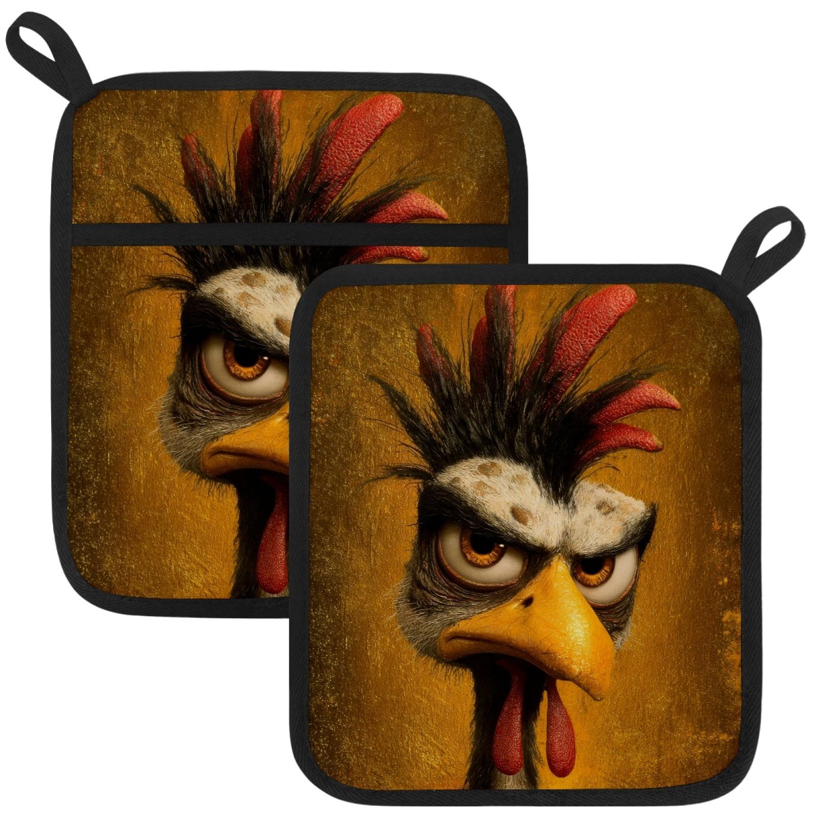 VAPOKF Funny Rooster Heat Resistant Pot Holders, Thick Pot Holders Pad with Hanging Loop for Kitchen, Oven Cloth Pads for Kitchen Baking Microwave Oven