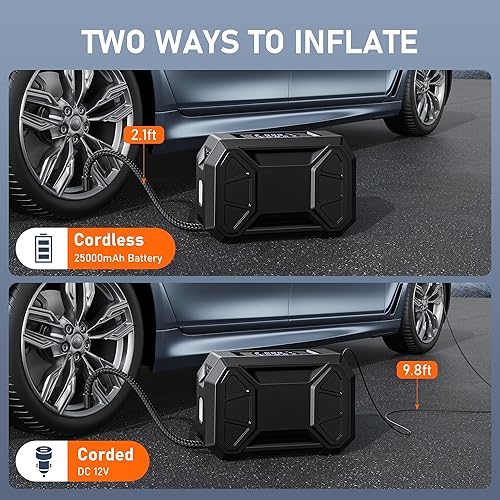 Miniatura 5 de Pumptiva Inflador de neumáticos, compresor de aire portátil, bomba de neumáticos inalámbrica de 150 PSI para neumáticos de automóvil de 12 V CC de