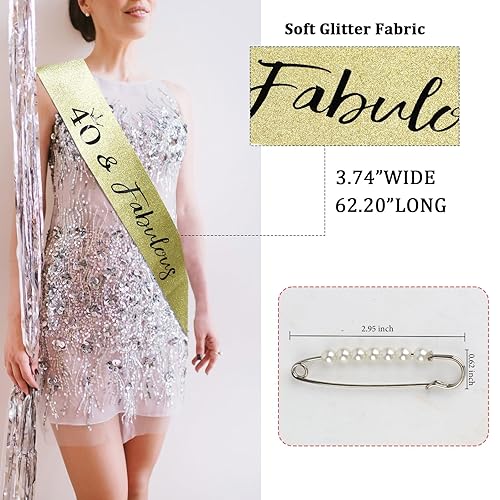 Miniatura 4 de CIEHER Corona dorada para cumpleaños de 40 años + banda de cumpleaños de 40 años + pin de perla, tiara de 40 cumpleaños para mamá, decoraciones de