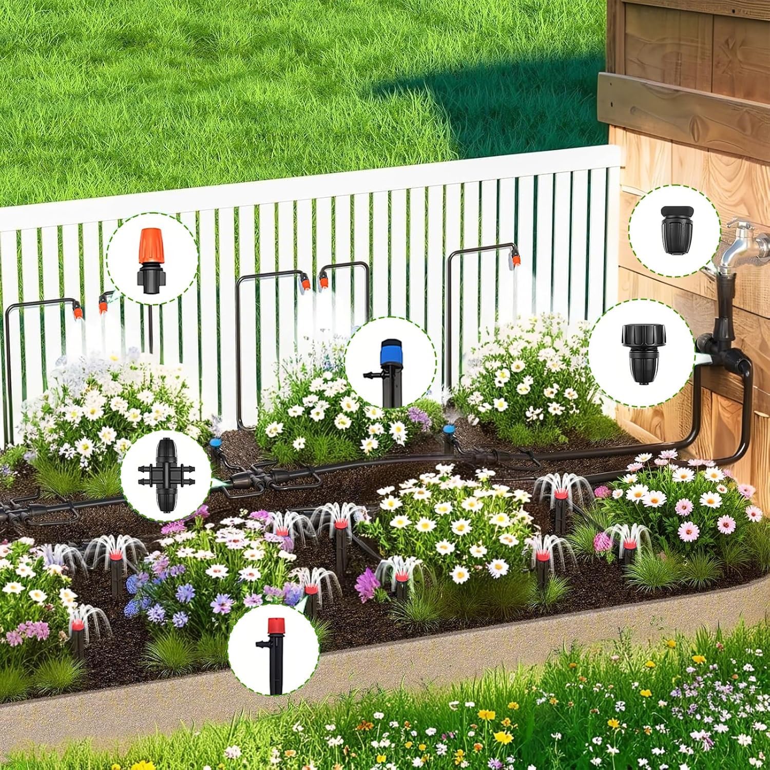 Set di irrigazione a goccia automatico, 60 + 12 m, tubo principale da 8/11 mm, da giardino | Controllo intelligente, utilizzabile universalmente su terrazze, prati e serre