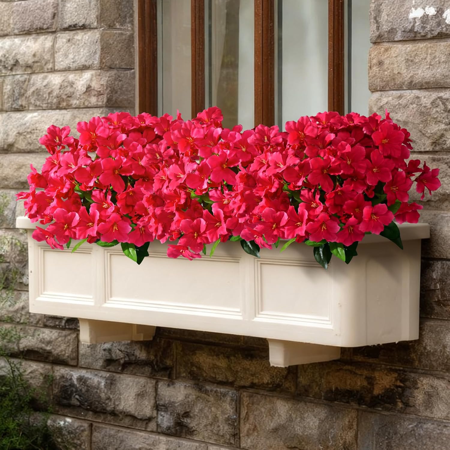 Artificial Azalea Flowers for Outdoors 4 Bundles Fake Silk Azalea Bouquet Faux Flower Plants Realistic Fake Flowers for Planter Front Door Patio Garden Box Balcony Walkway Home Decor (Rose Red)