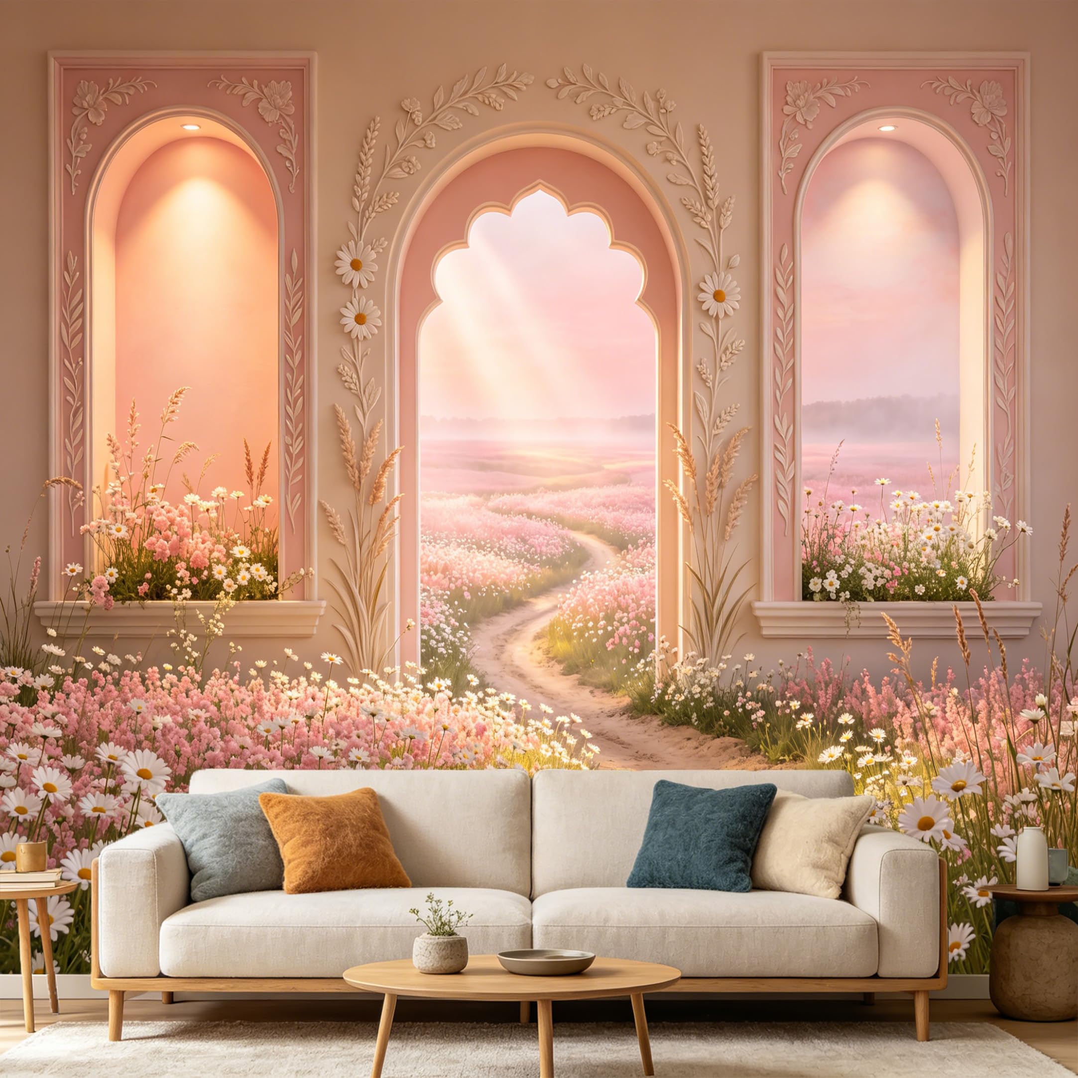 Custom Size Wall Mural， Pink Flower Field Garden Archway Landscape， SelfAdhesive Art Prints wall Fabric Removable Large Wallpaper Home Living Room Decor Aesthetic Botanical Backdrop