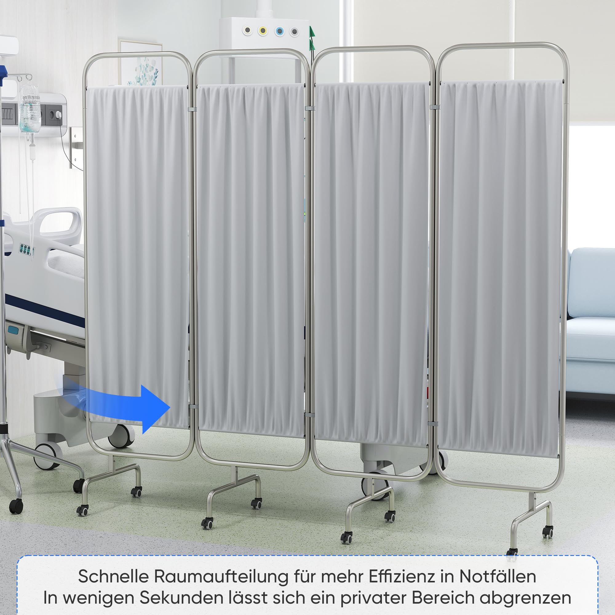 Paravento medico con ruote, 4 pezzi, portatile, pieghevole, per riprese di emergenza, stazione, ospedale, divisorio, salone di bellezza (bianco)