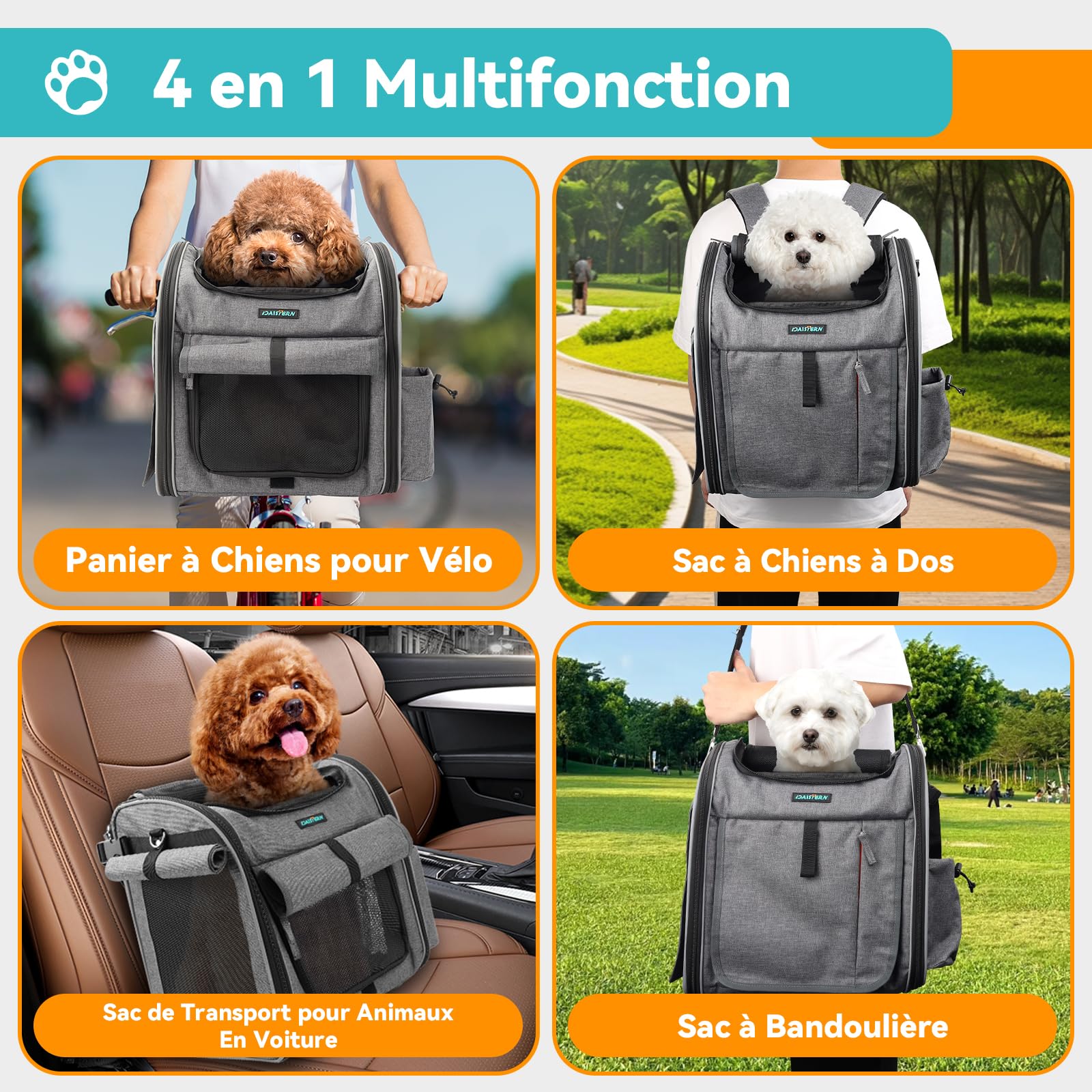 DAISTERN de BSWAY Panier Vélo Avant pour Chien Chat avec Support Ultra-Robuste en L Φ55mm, Sac de Transport 4 en 1 jusqu'à 9KG, Respirant, Bande Réfléchissante, Coussin Confortable Imperméable