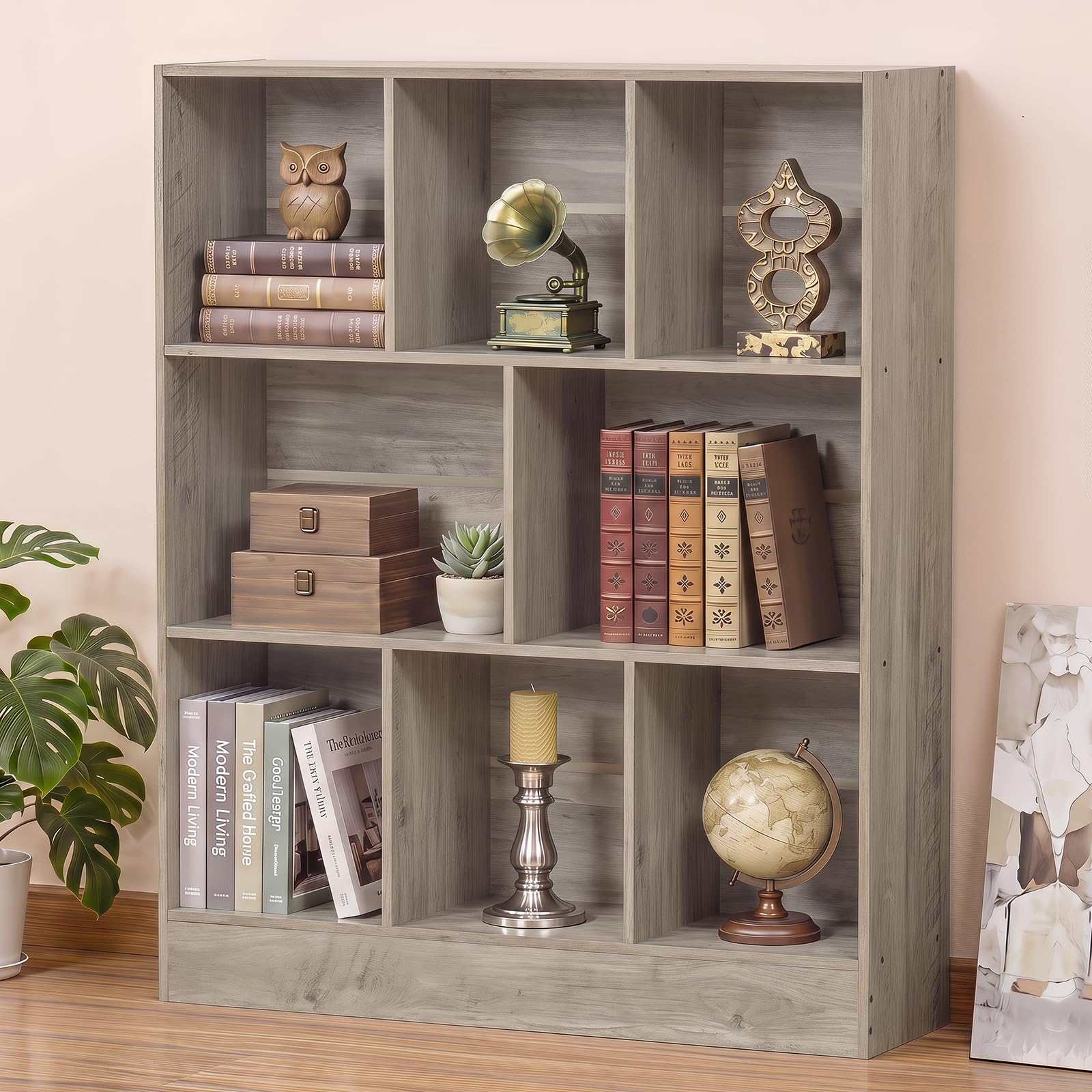 YAHARBO 3 Tier 8 Cube Horizontal Bookshelf, Low Bookcase for Sleves,Grey