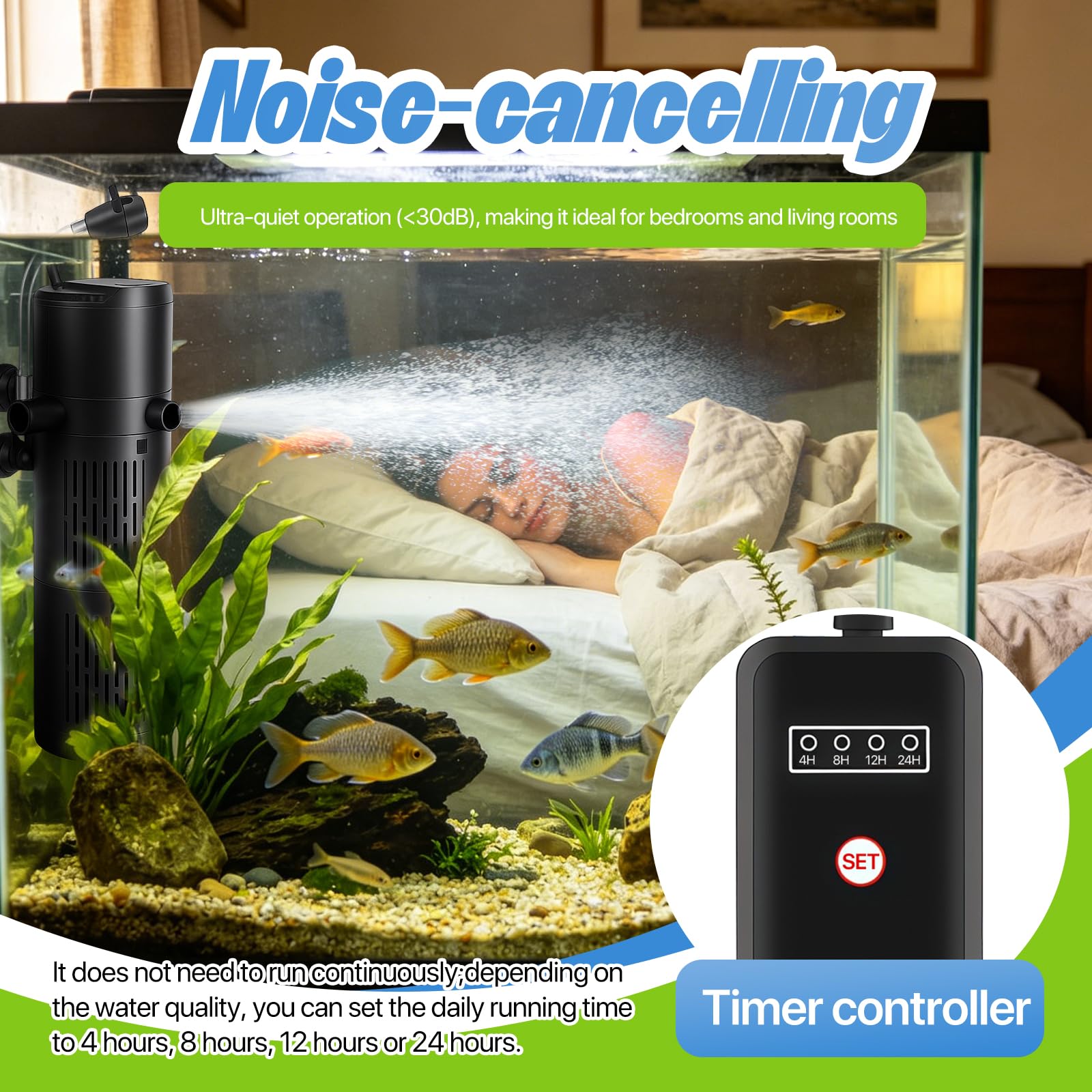 RoserRose Filtro per acquario con sterilizzatore UV da 6 W, 800 l/h, filtro interno 4 in 1, pompa dell'acqua, ventilazione e formazione d'onde, silenzioso, filtro per acquario con timer, per acquario