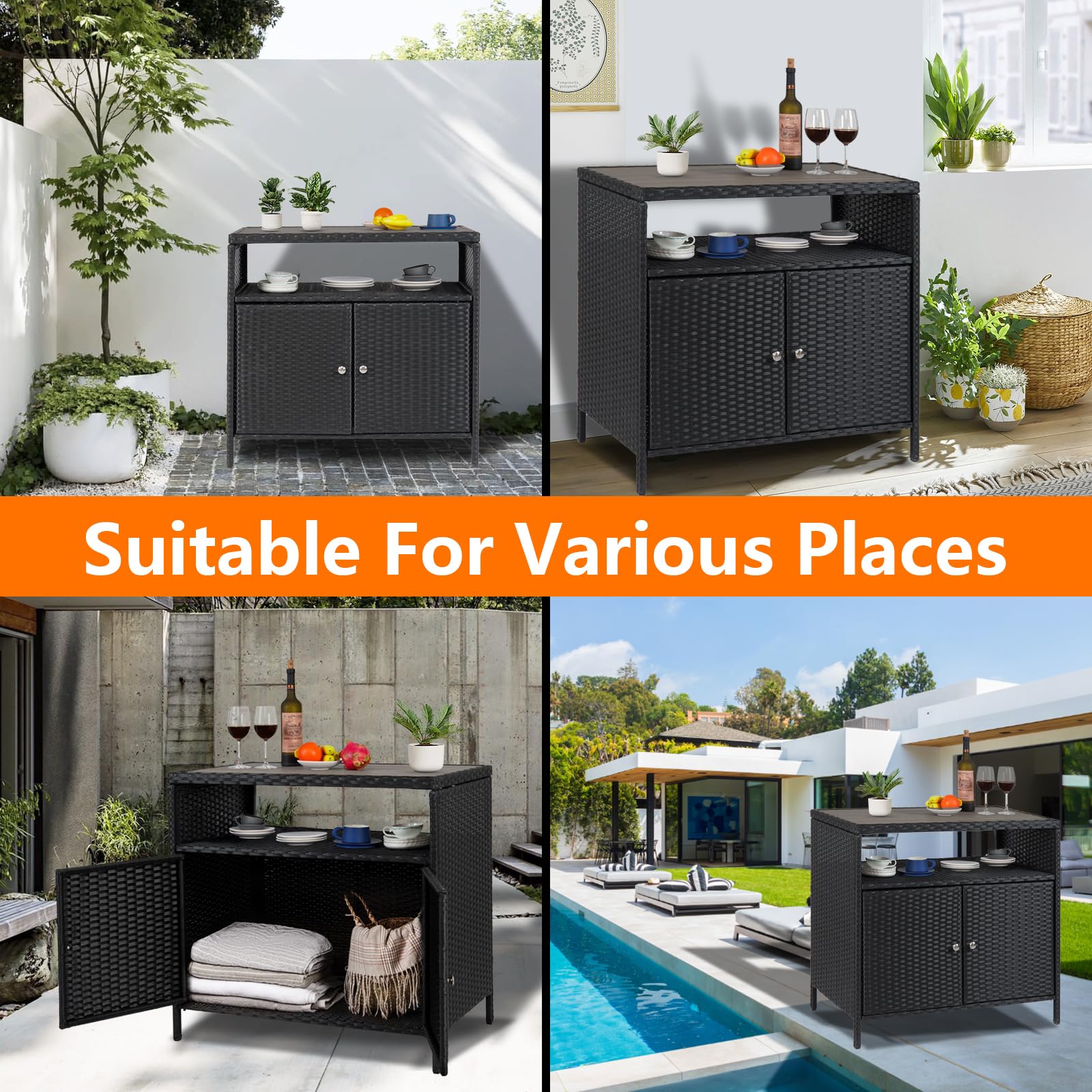 GarveeLife Outdoor Schrank aus PE Rattan mit Ablagefläche, wasserabweisender Aufbewahrungsschrank für Terrasse Balkon, Schwarz