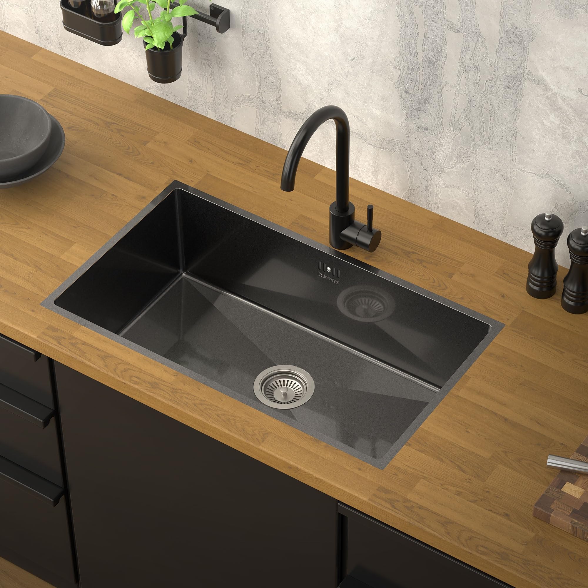 ML-Design Fregadero XXL de Cocina de un Seno 70x40 cm Antracita Lavabo Angular Sobre Encimera o Enrasado con Juego de Desagüe y Rebosadero Cubeta de Acero Inoxidable Anti-condensación