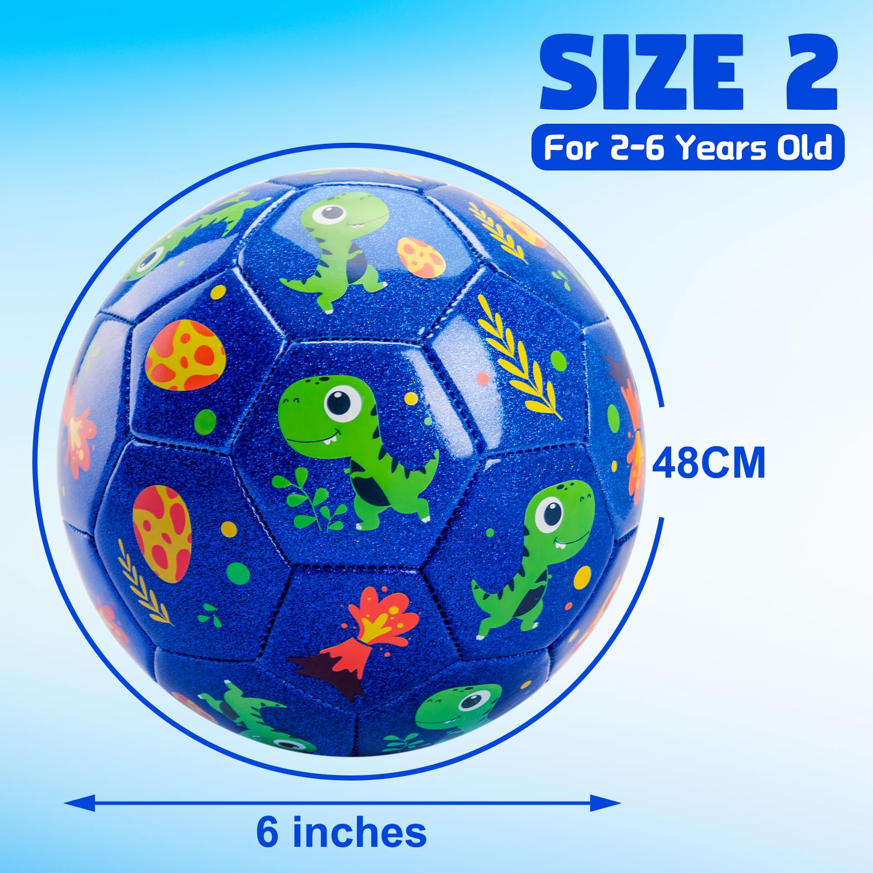 Balón de fútbol de tamaño 2 para niños pequeños, pelota de dibujos animados de dinosaurio azul para niños y niñas de 2, 3, 4, 5, 6 años, juego deportivo para interiores y exteriores con 3