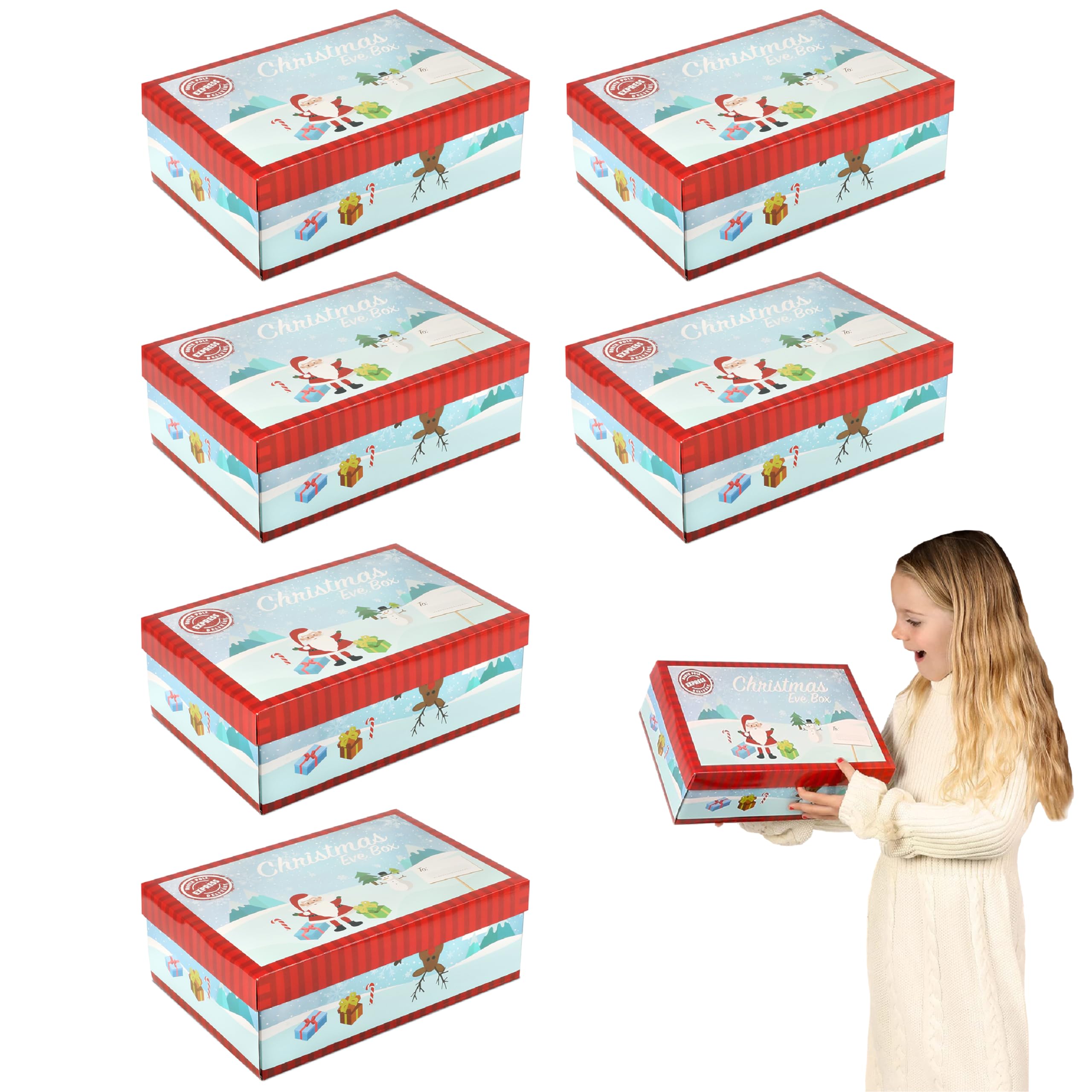 Christmas Eve Box - Pack of 6 - Festive Cardboard Present Box Featuring Santa, Presents, Snowmen And Reindeer - Holiday Season Present Gift Box