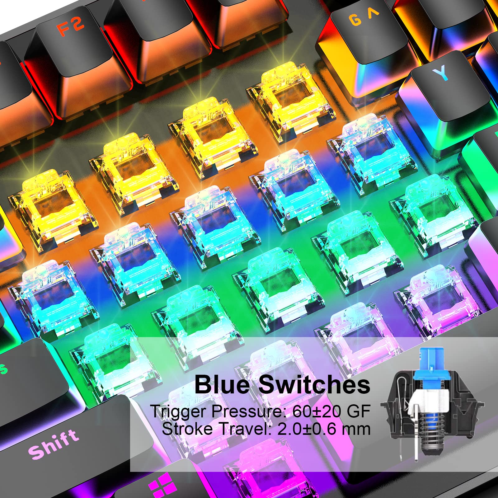 Anivia Tastiera meccanica da gioco, classica tastiera USB cablata con interruttori blu, 87 tasti impermeabile per PC portatile PS4 PS5 Xbox, RGB arcobaleno rosso retroilluminato