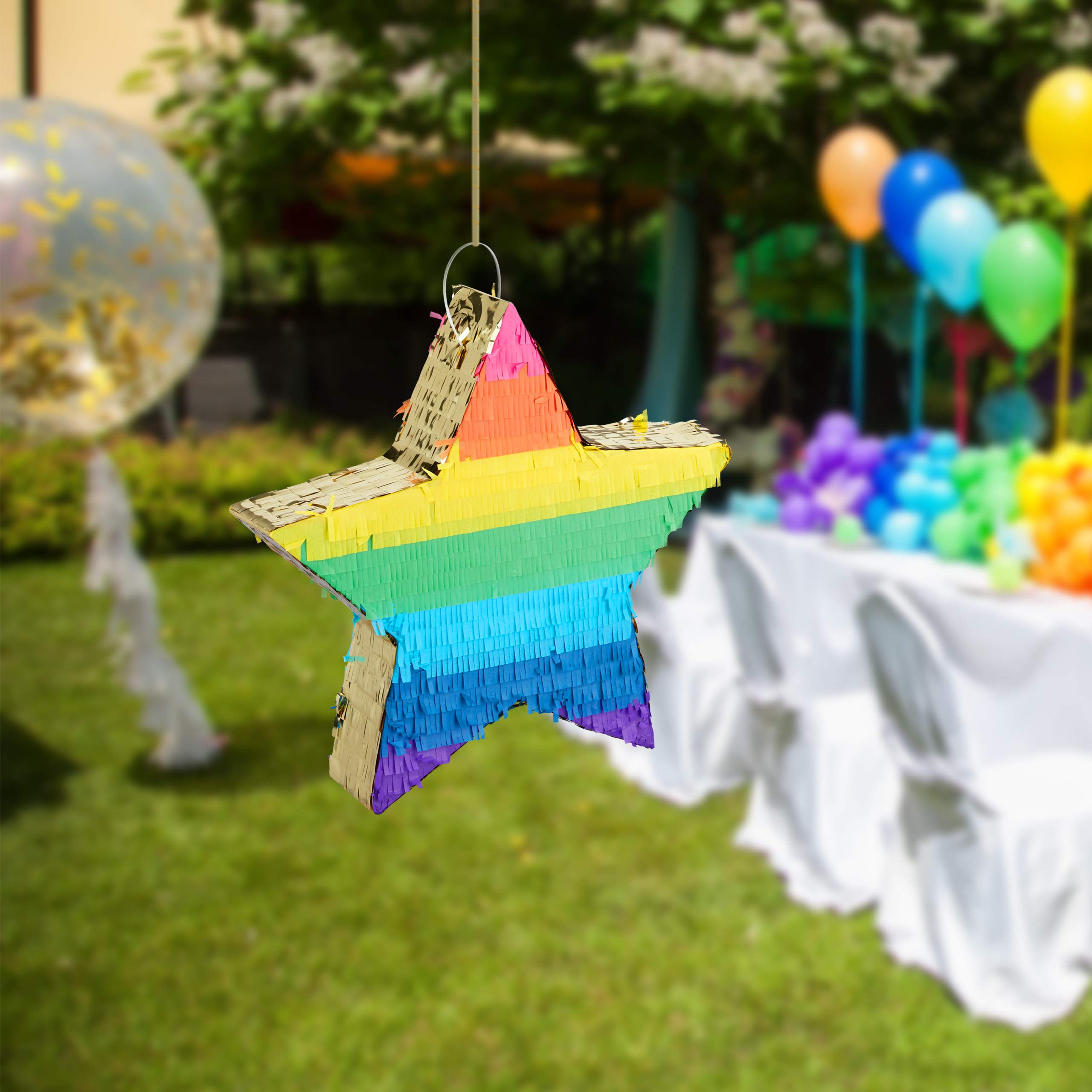 Relaxdays Pignatta a Forma di Stella, Pentolaccia da Riempire, Bambini e Adulti, Arcobaleno, da Appendere, Colorata/Oro