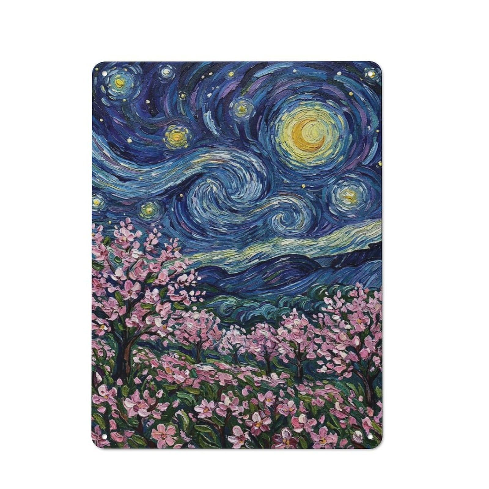 Junmoney Style Smart Starry Night With Cherry Blossoms Painting Office Metal Sign 40X30cm, Creative Space Decor For Home Office, Reading Corner Or Bedroom