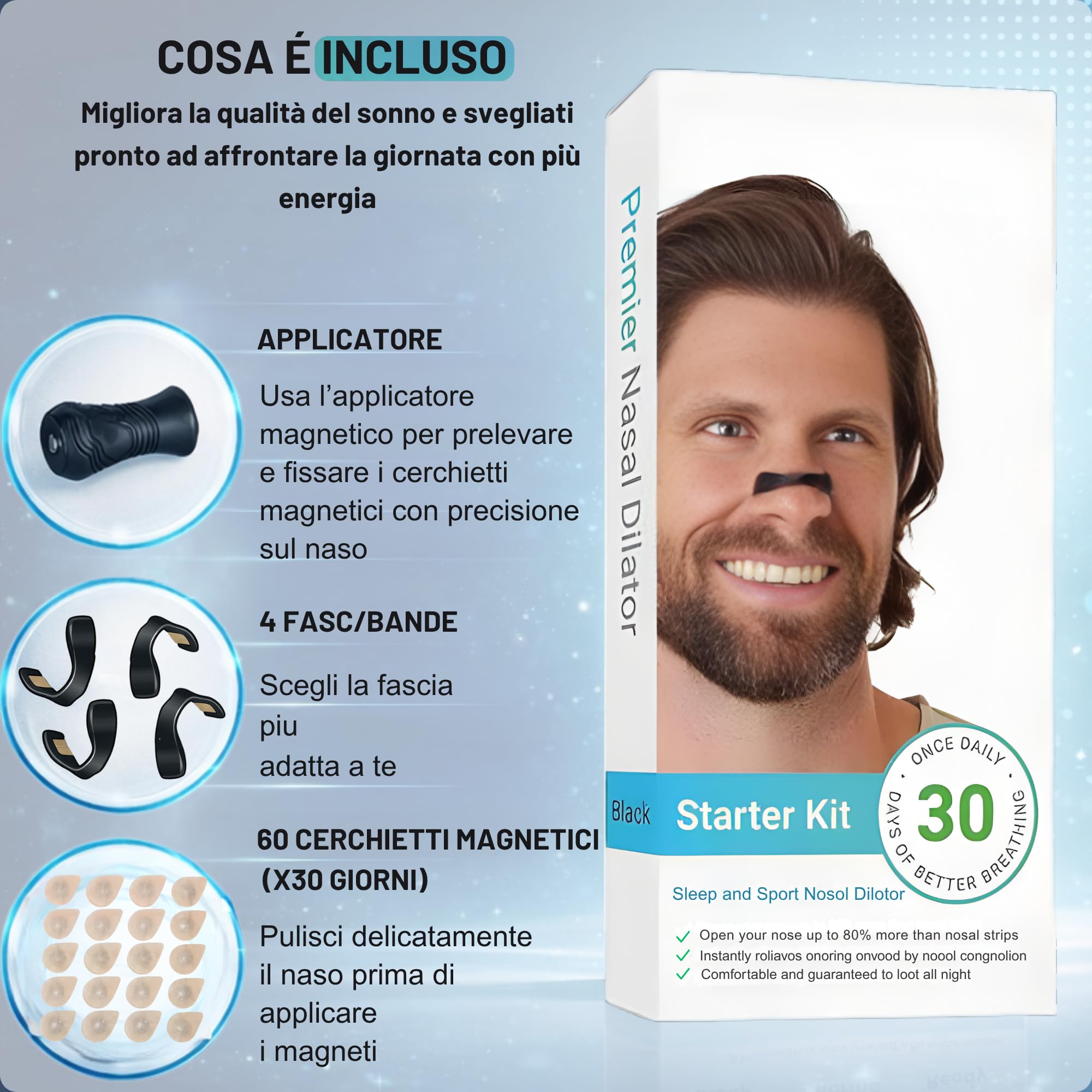 Cerotti Nasali Magnetici Antirussamento - 60 Pezzi Extra Forti Riutilizzabili, Dilatatori Nasali con Nastro M Premium per Sonno Migliore e Sport