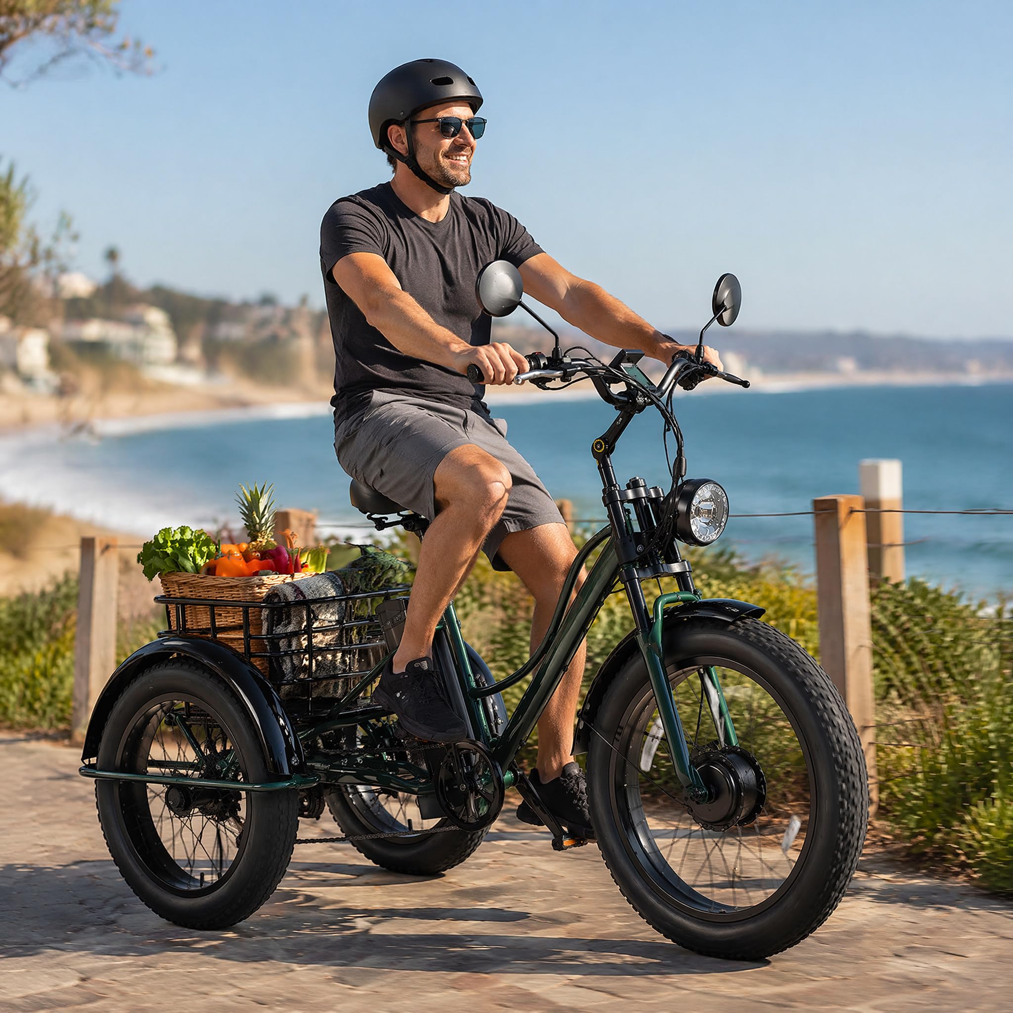 Vélo Électrique Tricycle Adulte, 24 Pouces Fat Bike, 7 Vitesses avec Panier Arrière, Moteur sans Balais, Grand Cadre Stable pour Déplacements Achats et Sorties en Plein Air Black