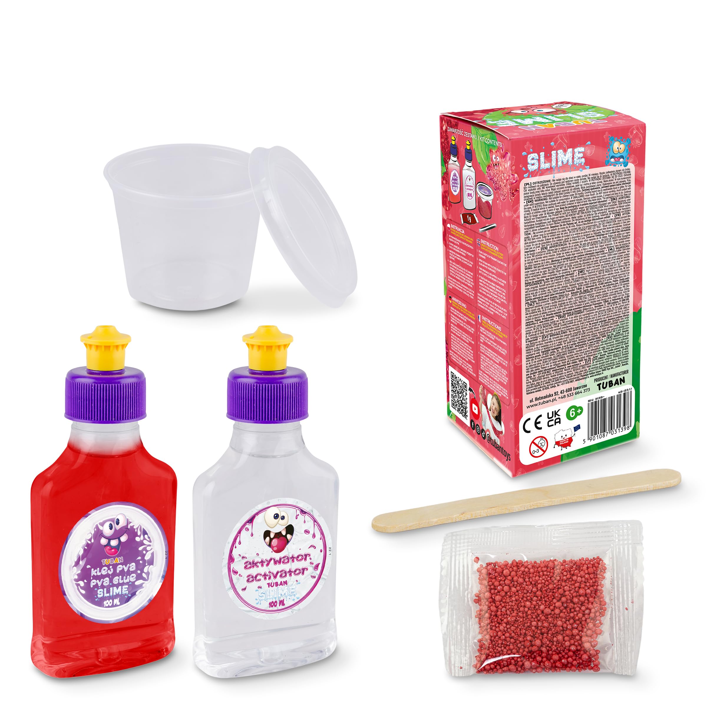 TUBAN DIY Zestaw Slime – Klej – Aktywator – Neonowy Brokat – Pojemnik – Szpatułka – Zabawka dla Dzieci – Idealny Prezent na Urodziny – Truskawka