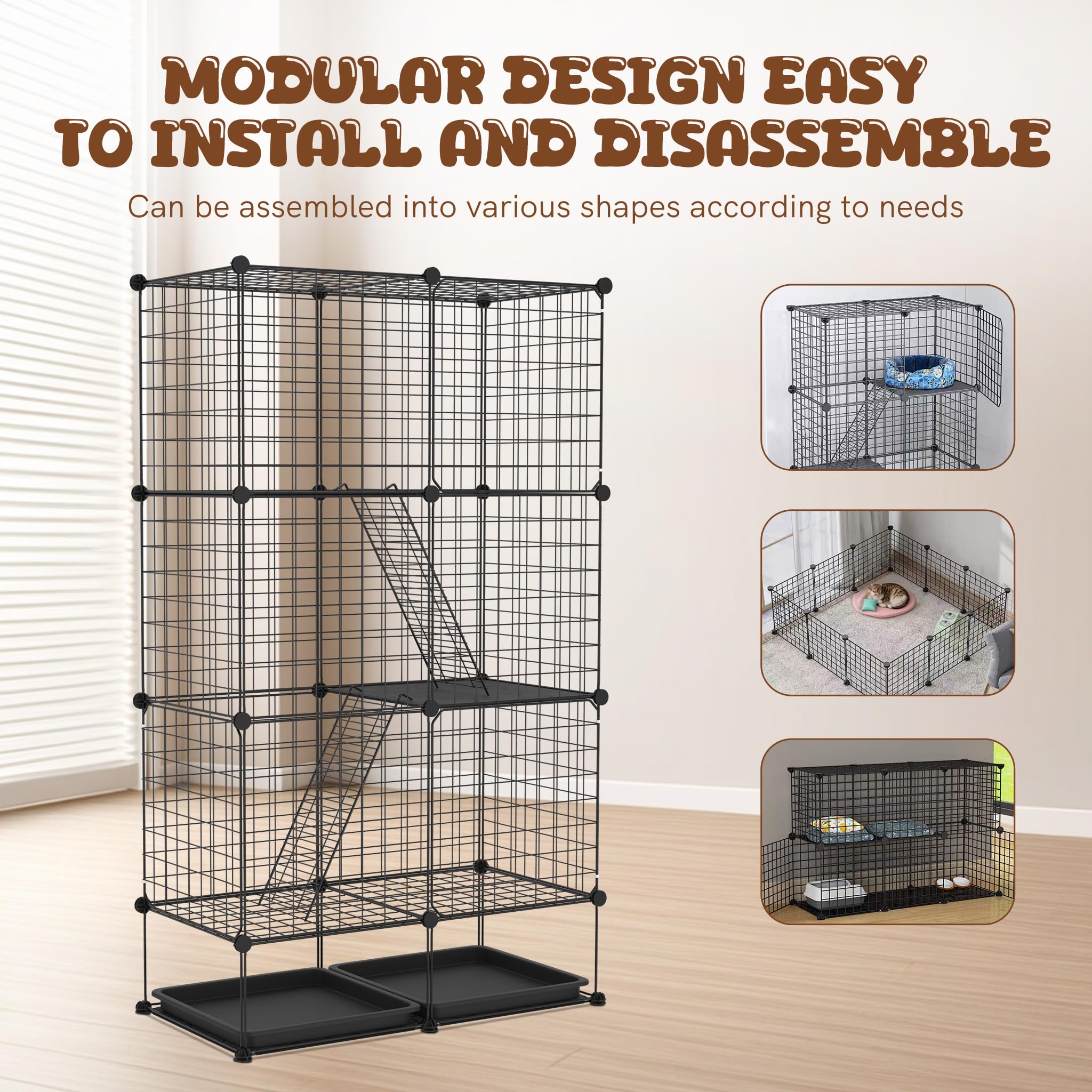 FIVMEN Parque para gatos de 3 pisos extraíble, 74 x 37 x 126 cm con 2 escaleras y jaula grande