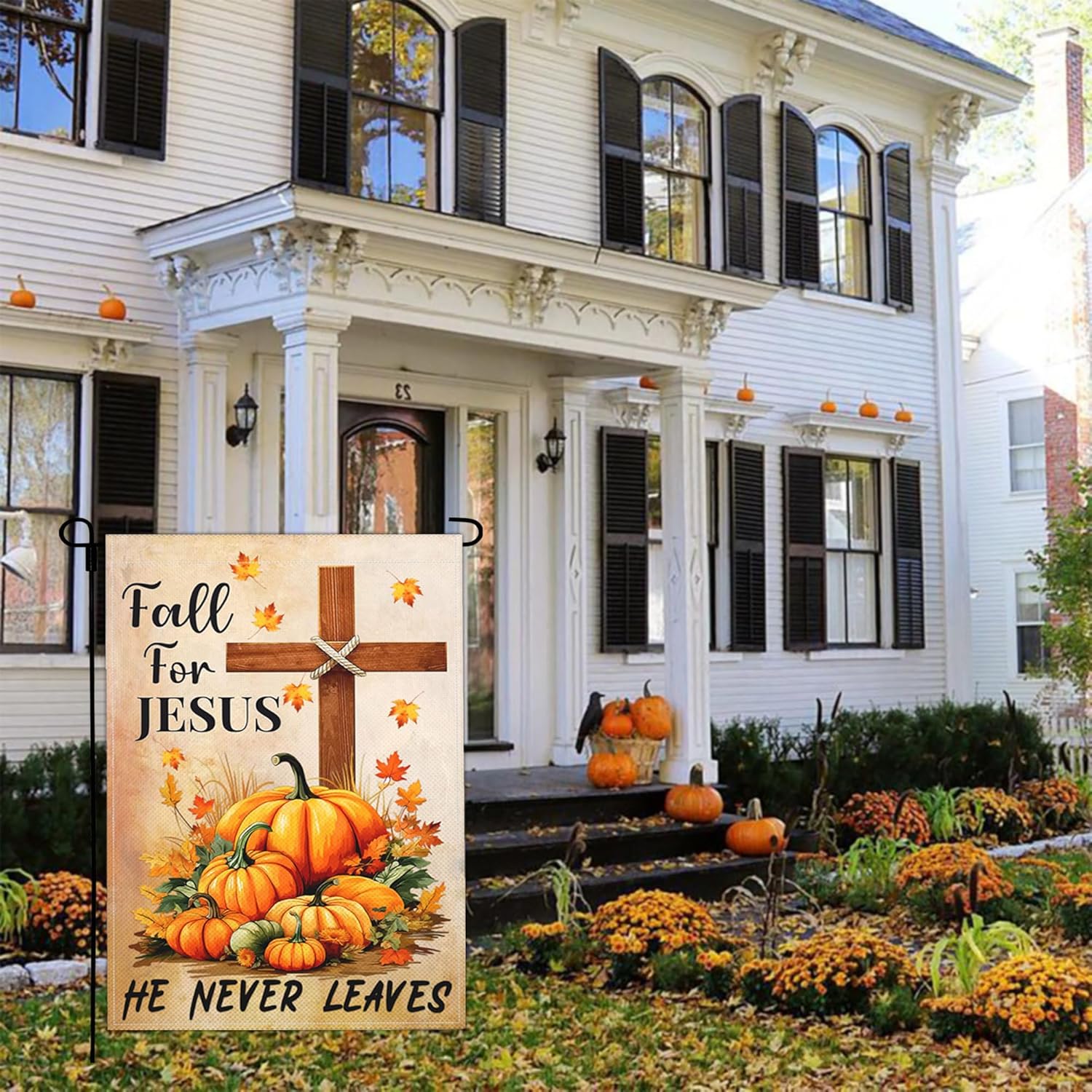 Fall for Jesus He Never Leaves Garden Flag Fall Pumpkin Garden Flags for Outside 12x18 Double Sided 3Ply Polyester Autumn Thanksgiving Garden Flag House Yard Sign Decorations - Image 6
