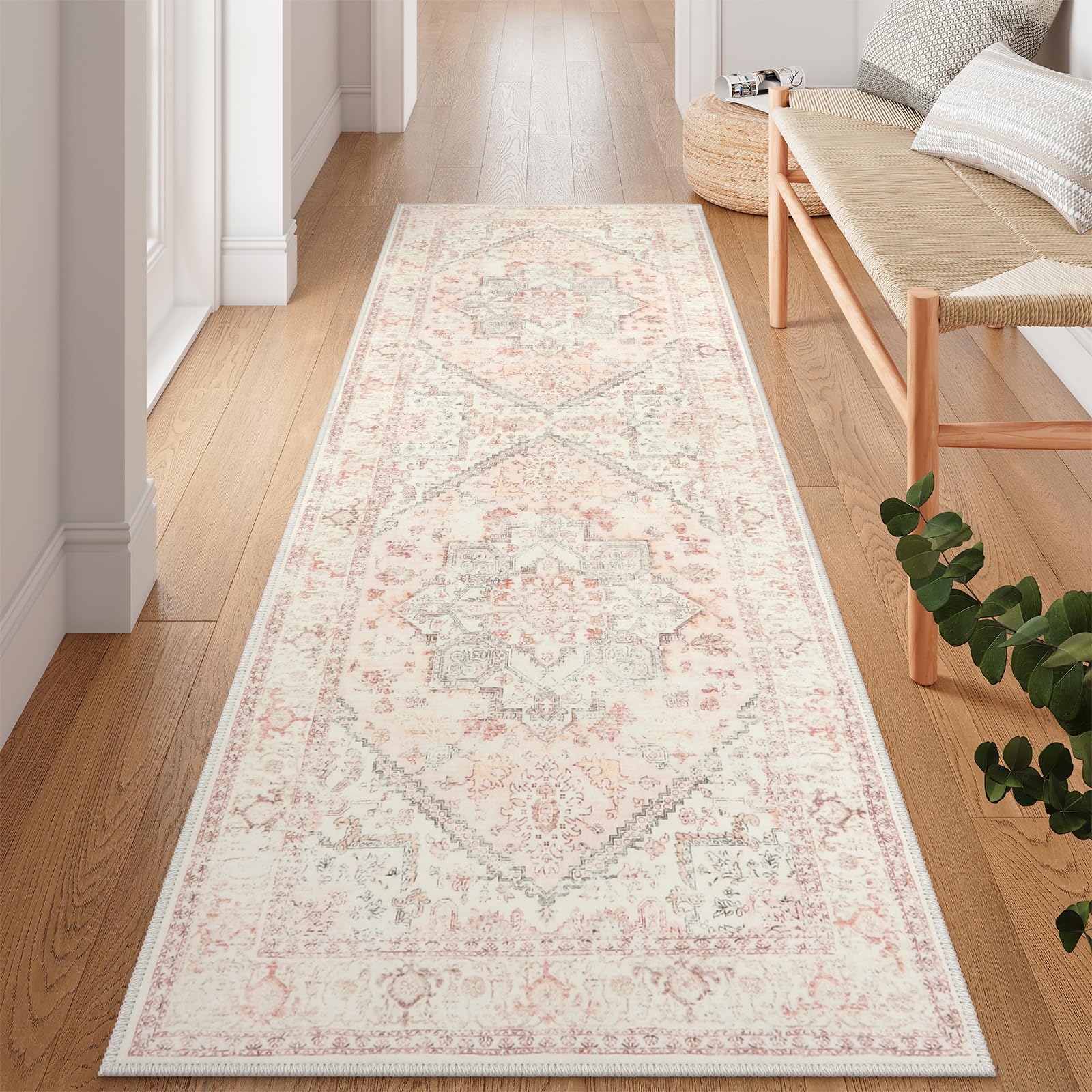 LIVEBOX Washable Oriental Runner Rug 2.5x8 - Long Vintage Tribal Pink for Kitchen Boho Non-Slip Hallway, Low-Pile Accent Throw Area Rug for Laundry