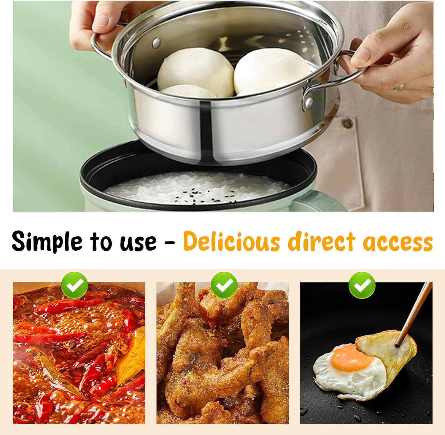 Electric Hot Pot, Mini Portable Multifunctional Non Stick Electric Pot, 1.7L Capacity Stainless Steel Ramen Cooker with over Heating Protection for Pasta Dumpling Soup Steak (Double Layer Model)