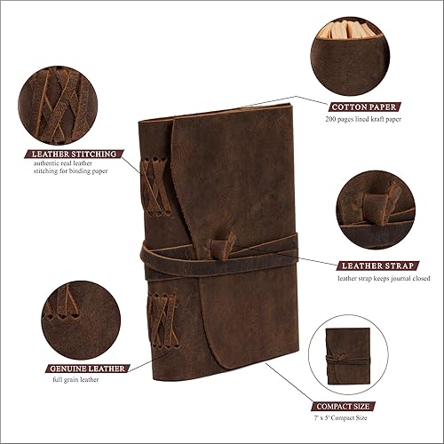Miniatura 19 de Diario de viaje de cuero, cuaderno encuadernado vintage hecho a mano para hombres y mujeres, acabado antiguo, cuero de búfalo auténtico, papel