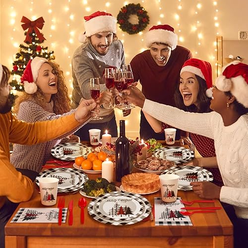 Miniatura 6 de Sinmoe Juego de vajilla de Navidad de 400 piezas, juego de platos y servilletas desechables de Navidad para 50 platos de cena de papel de Navidad de