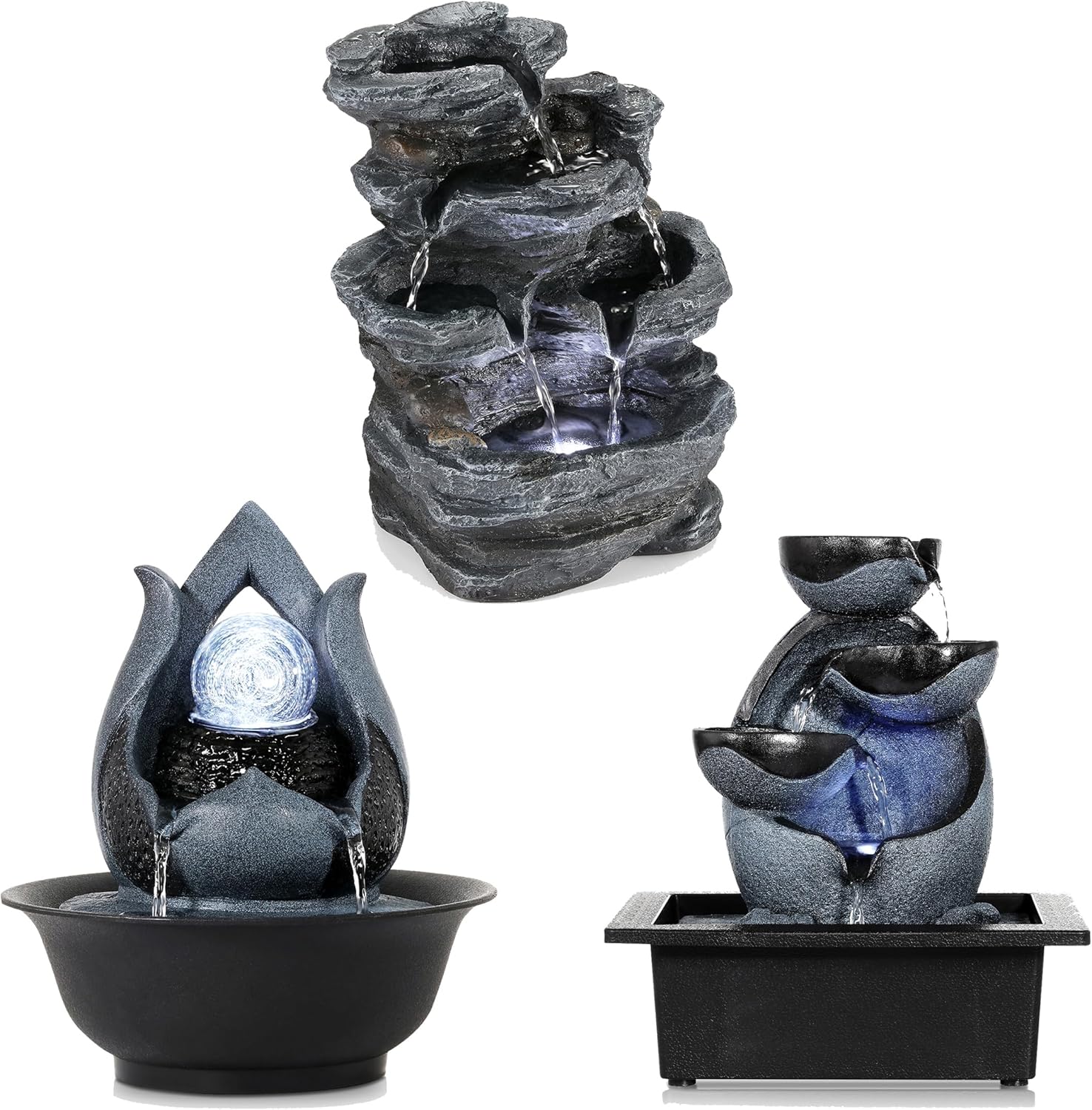 WICHEMI Indoor Fountain Tabletop Fountain Waterfall Fountains Relaxation Water Feature Feng Shui Zen Meditation Desktop Fountain for Home and Office Indoor Spaces Decor (Style 10+Style 12+Style 20)